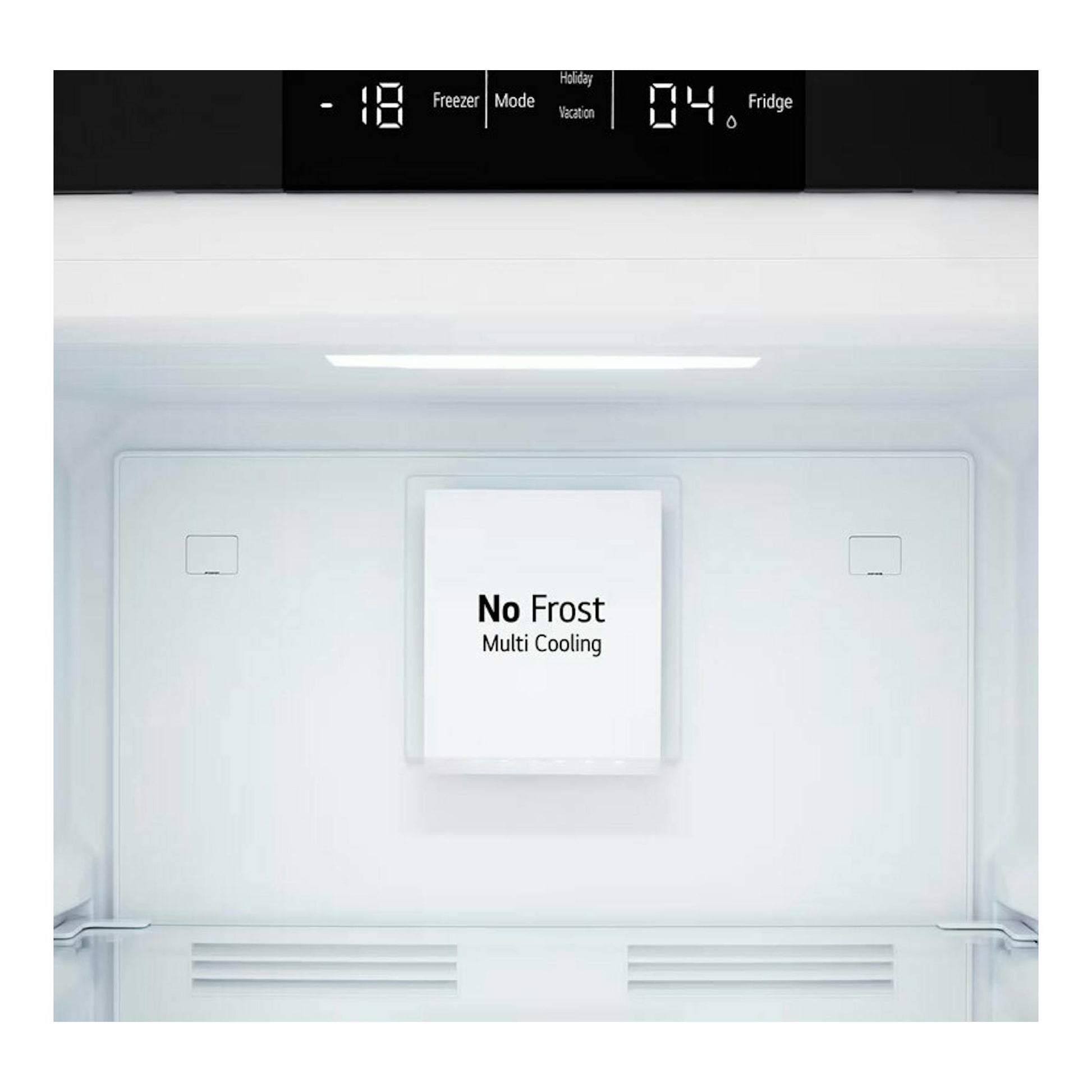 Interior frontal de frigorífico integrable LG GTFN256SER, panel blanco con display negro y aviso No Frost Multi Cooling.