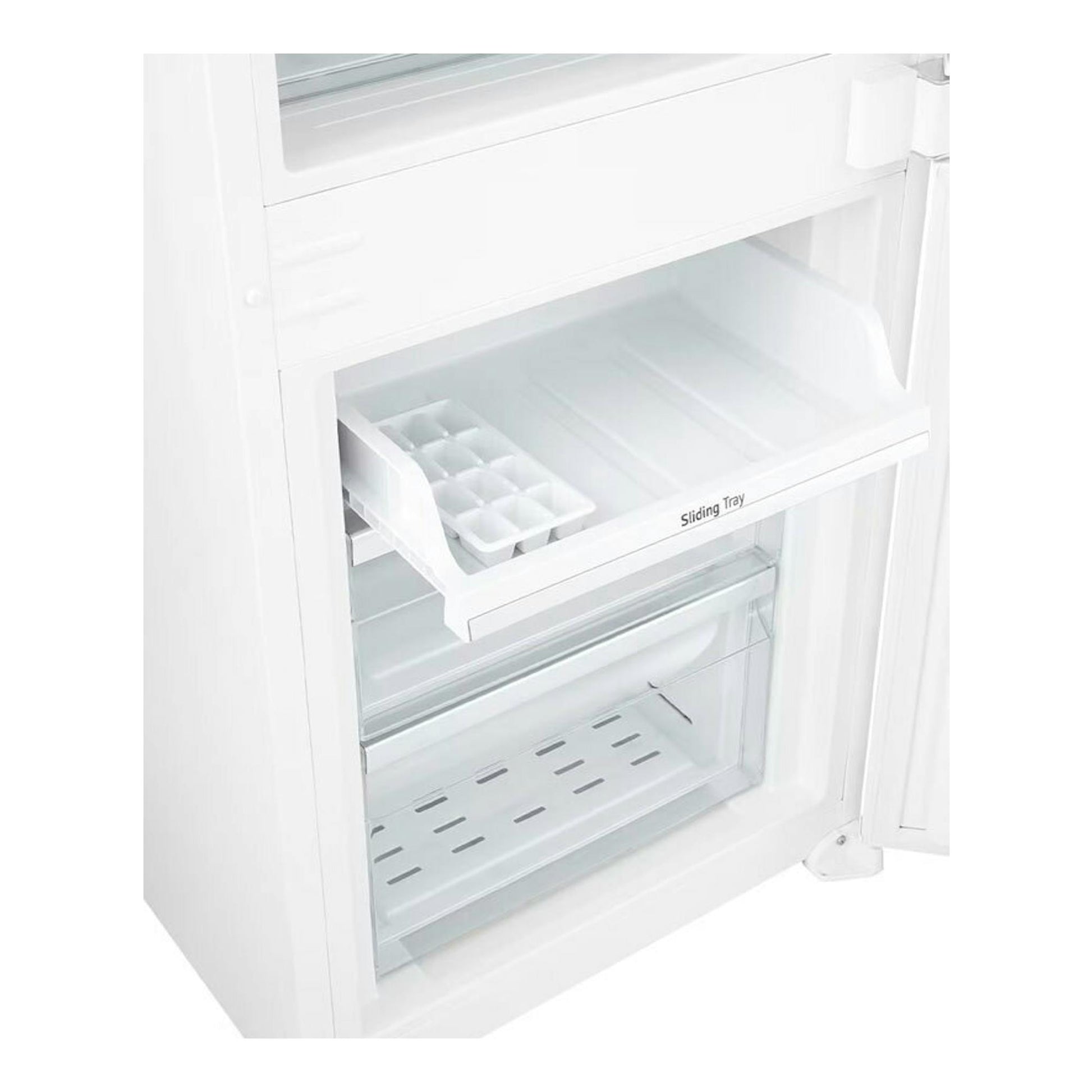 Frigorífico combi integrable LG GTFN256SER, interior blanco con bandeja deslizante y cajón transparente abierto.