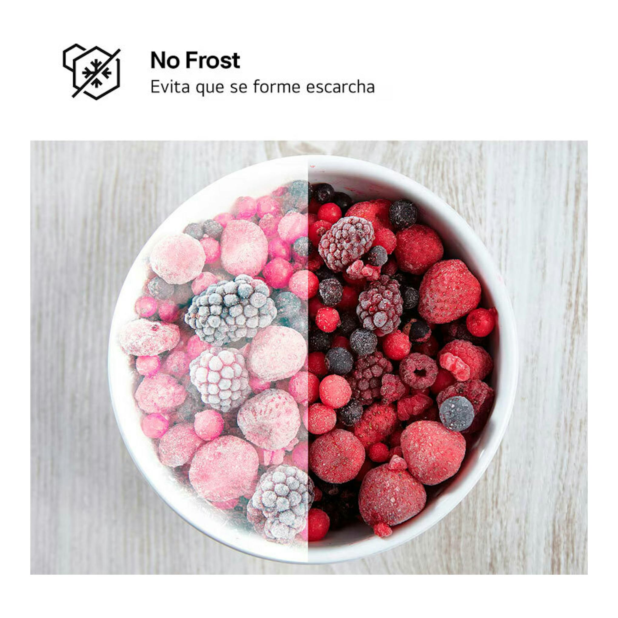 Gráfico No Frost con un cuenco de frutos rojos congelados, mitad con escarcha y mitad sin escarcha.