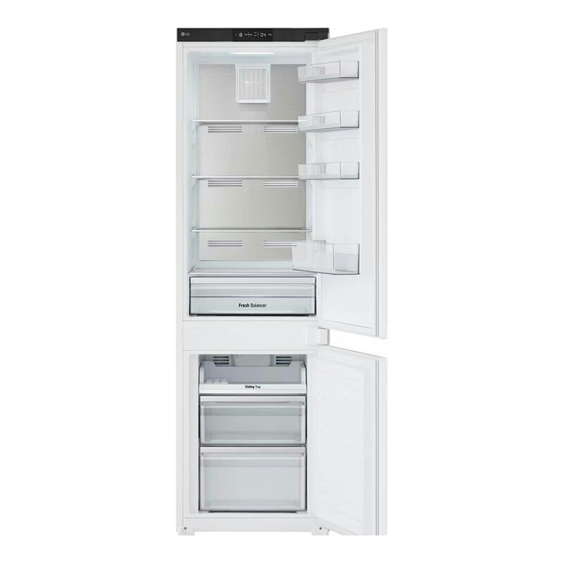 Frigorífico combi integrable LG GTFN256SET blanco, vista frontal con puertas abiertas e interior visible.