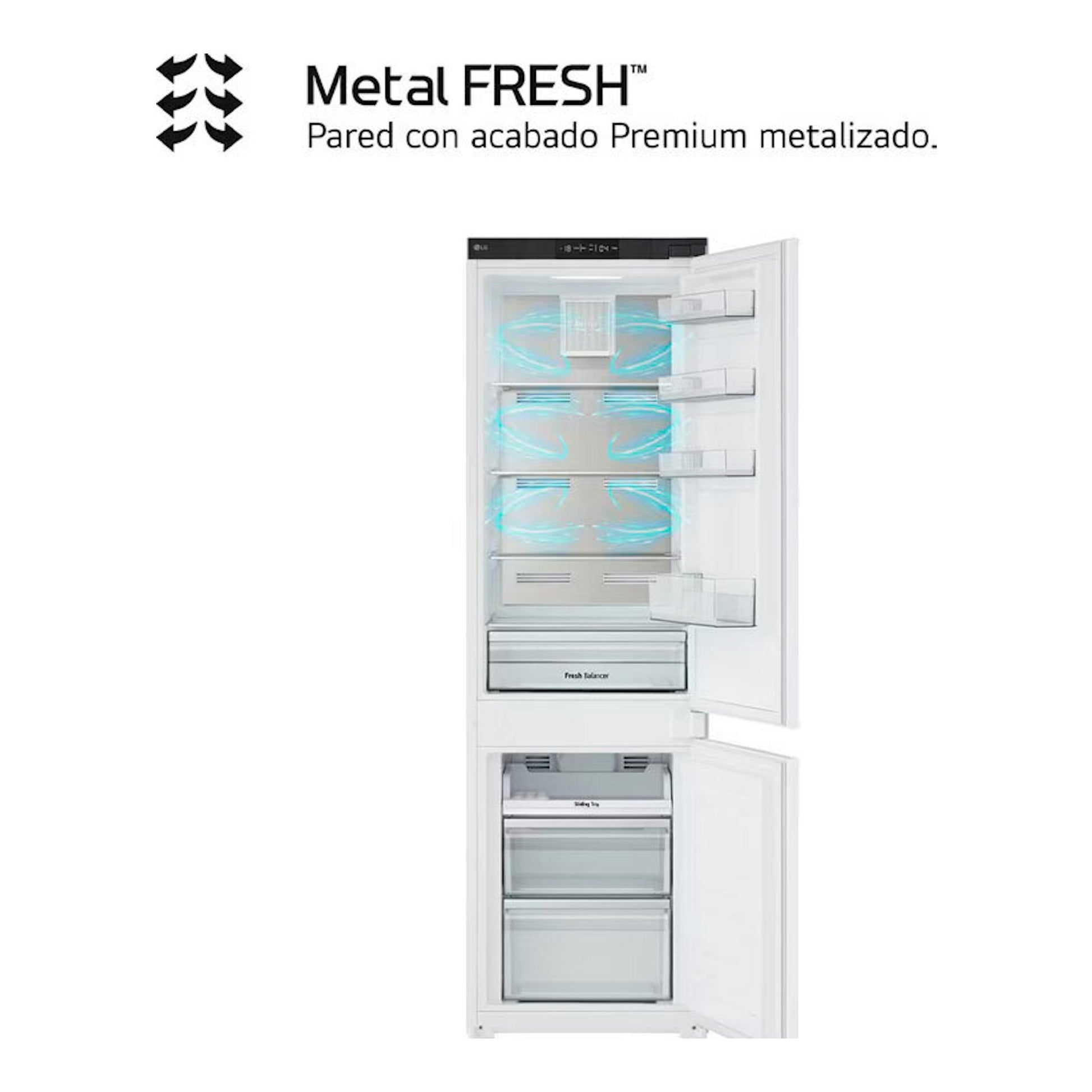 Frigorífico combi integrable LG GTFN256SET blanco, visto de frente con ambas puertas abiertas.