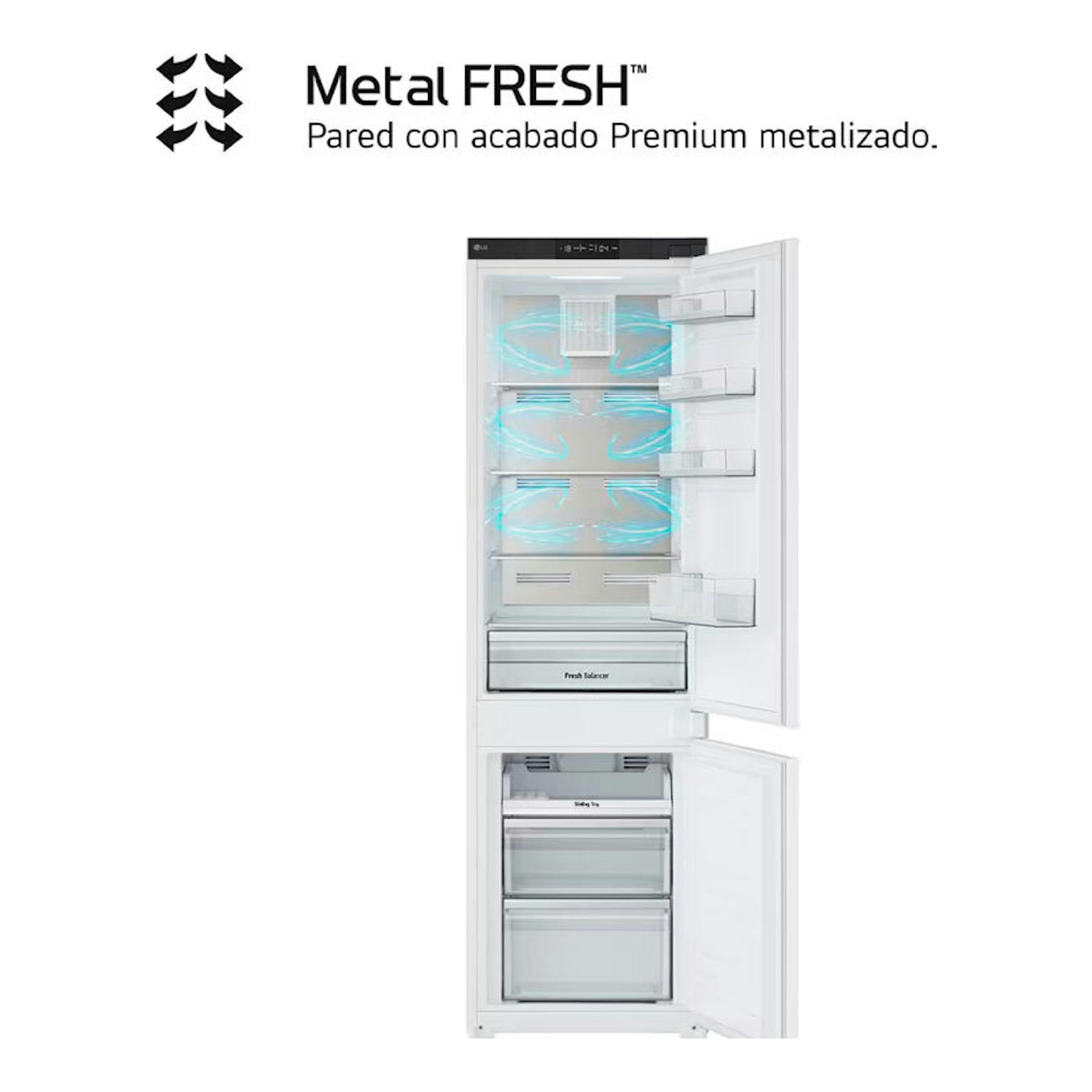 Frigorífico combi integrable LG GTFN256SET blanco, visto de frente con ambas puertas abiertas.