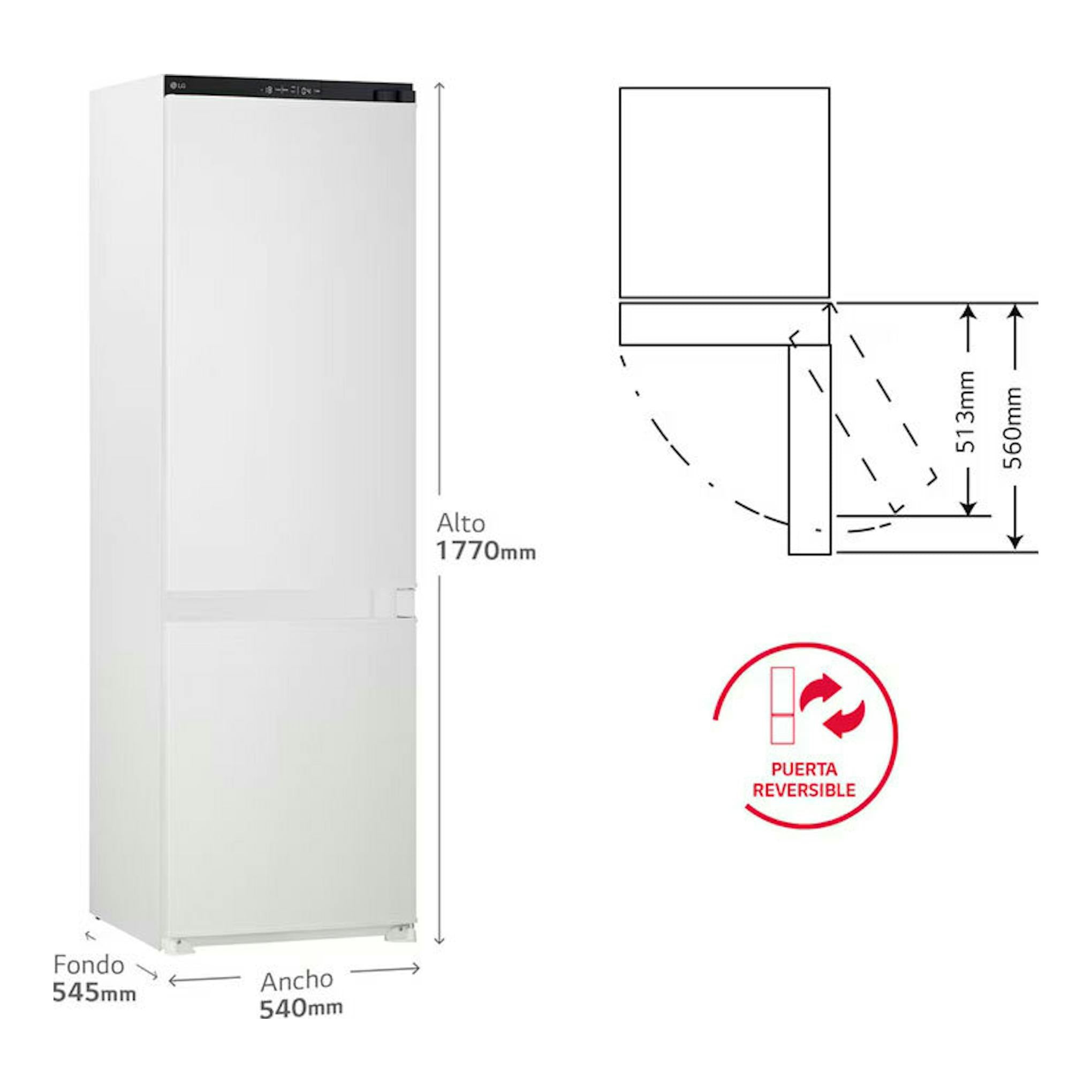 Frigorífico combi integrable LG GTFN256SET blanco, vista frontal, con medidas y puerta reversible.