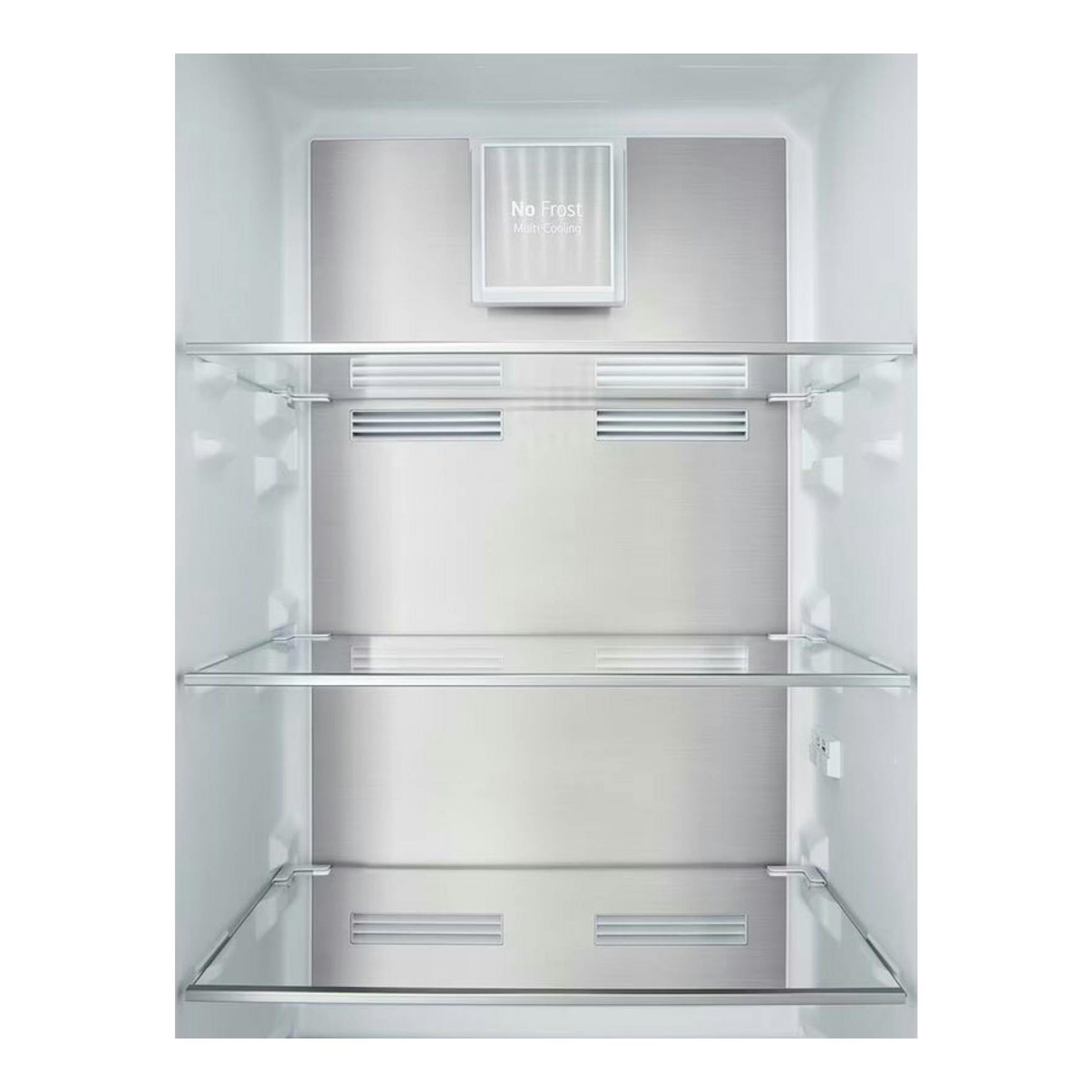 Interior de frigorífico combi LG GTFN256SET, vista frontal, blanco y acero inoxidable, con baldas de cristal.