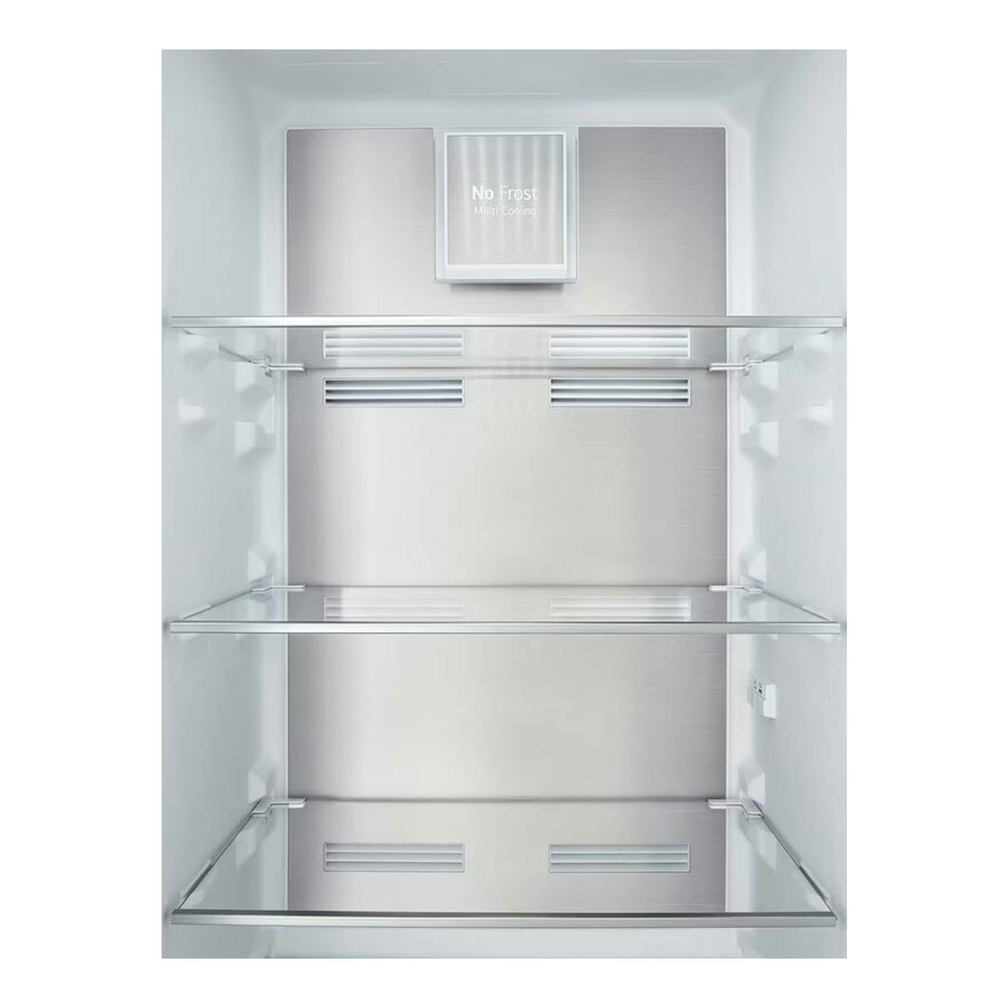 Interior de frigorífico combi LG GTFN256SET, vista frontal, blanco y acero inoxidable, con baldas de cristal.