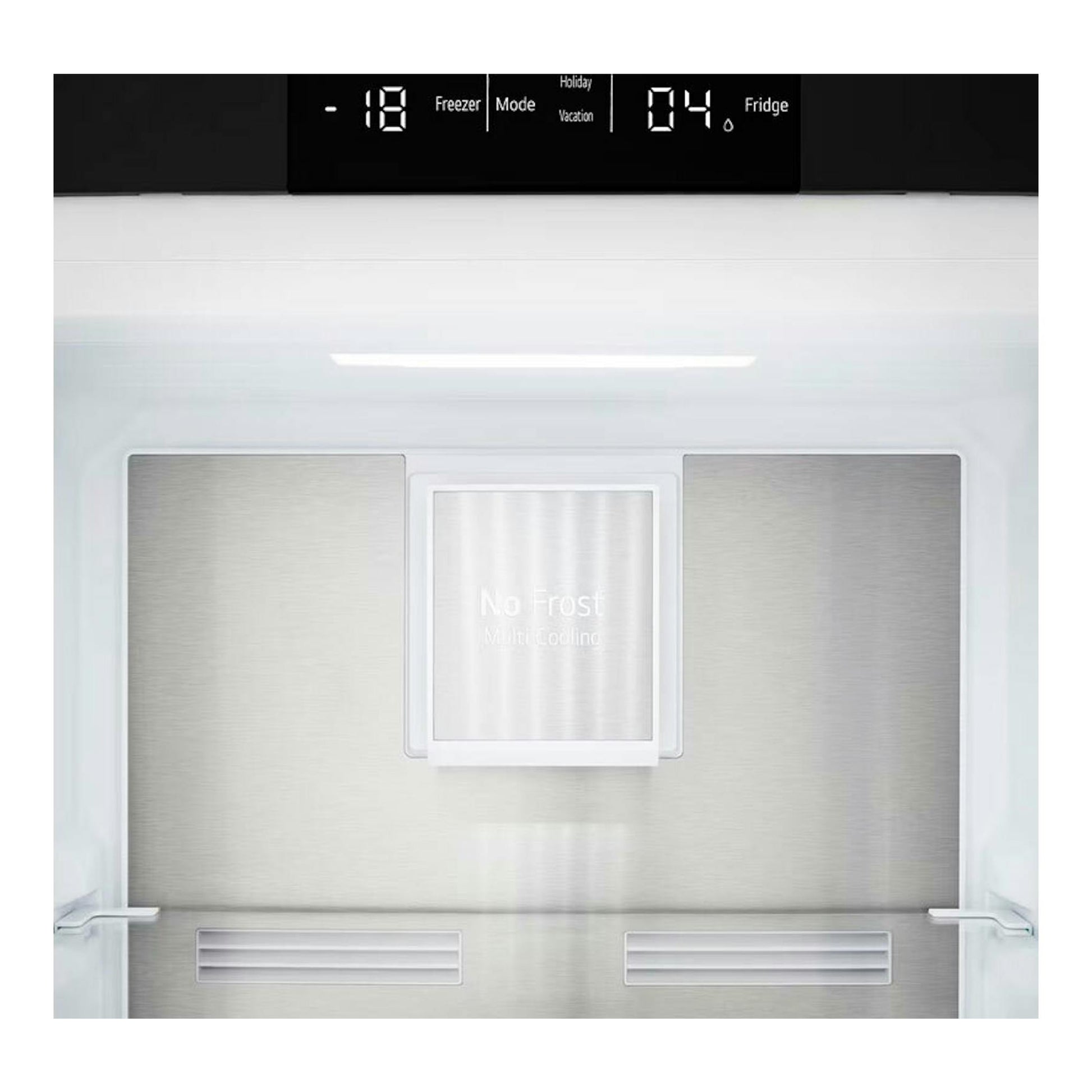 Frigorífico combi integrable LG GTFN256SET, vista frontal interior en acero, panel digital y No Frost.