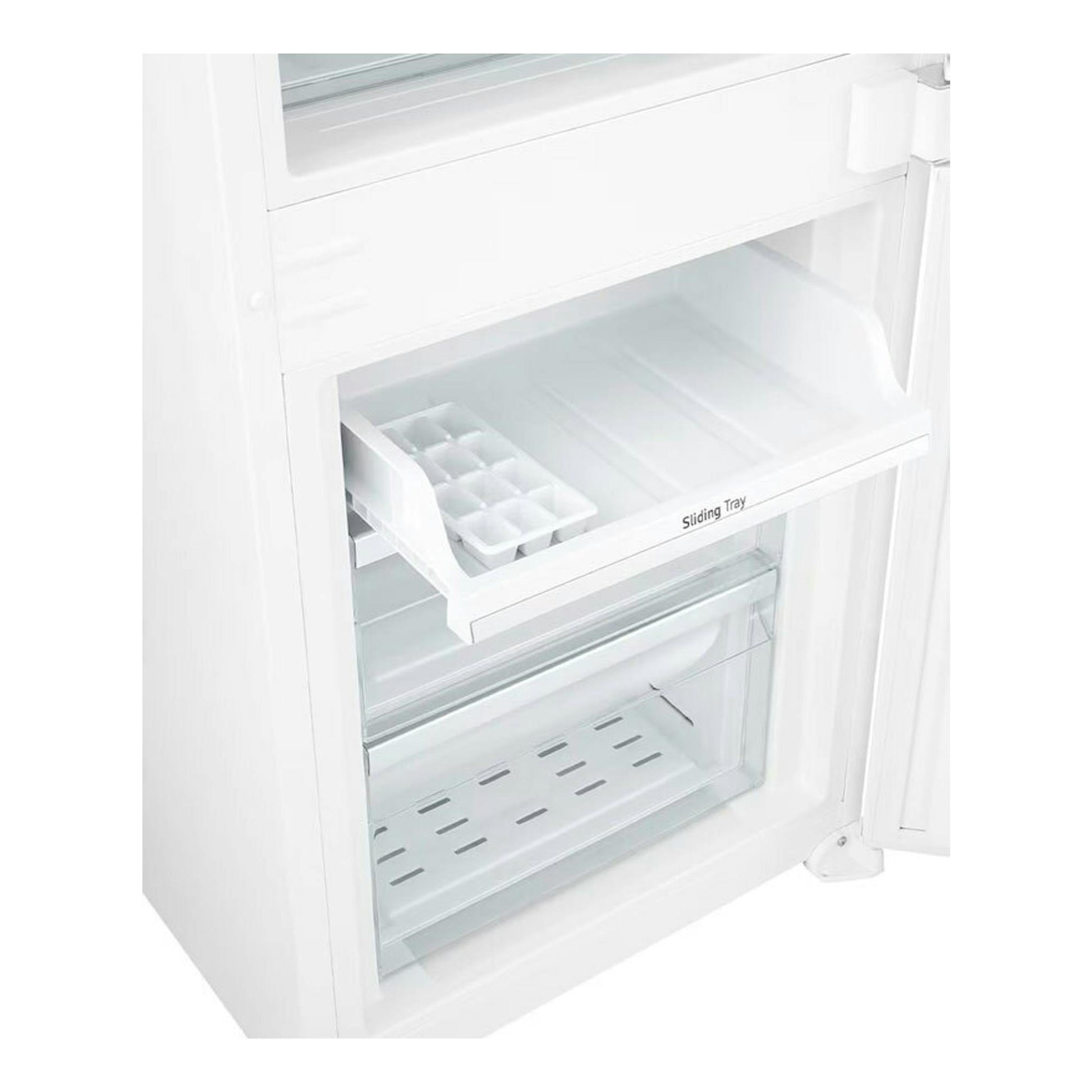 Interior de frigorífico LG GTFN256SET en blanco, vista frontal con puerta abierta y bandeja deslizante.
