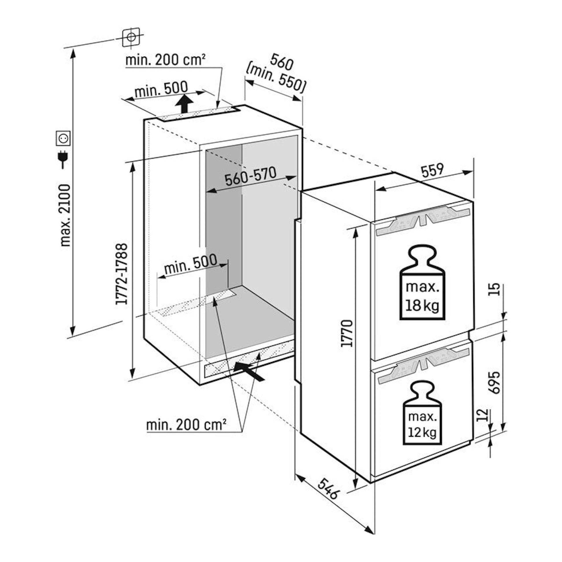 Esquema técnico de instalación del frigorífico combi integrable Liebherr ICNdi 5153, vista frontal con cotas.
