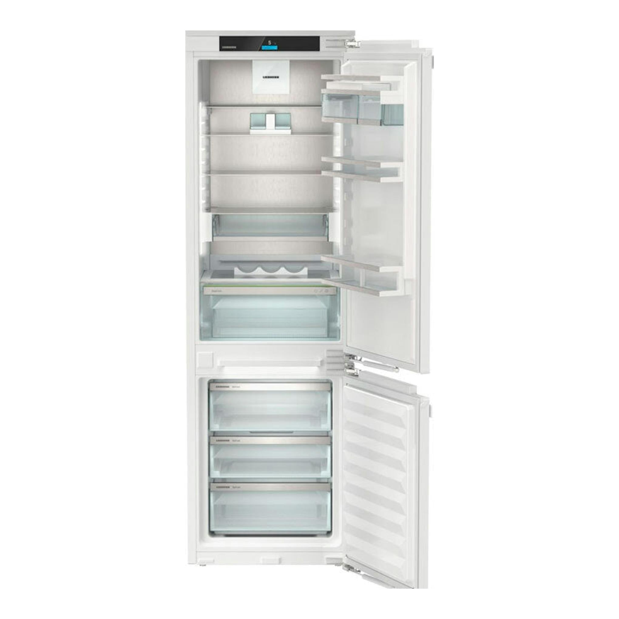 Frigorífico combi integrable Liebherr ICNdi 5153, vista frontal con puertas abiertas y cajones interiores blancos.