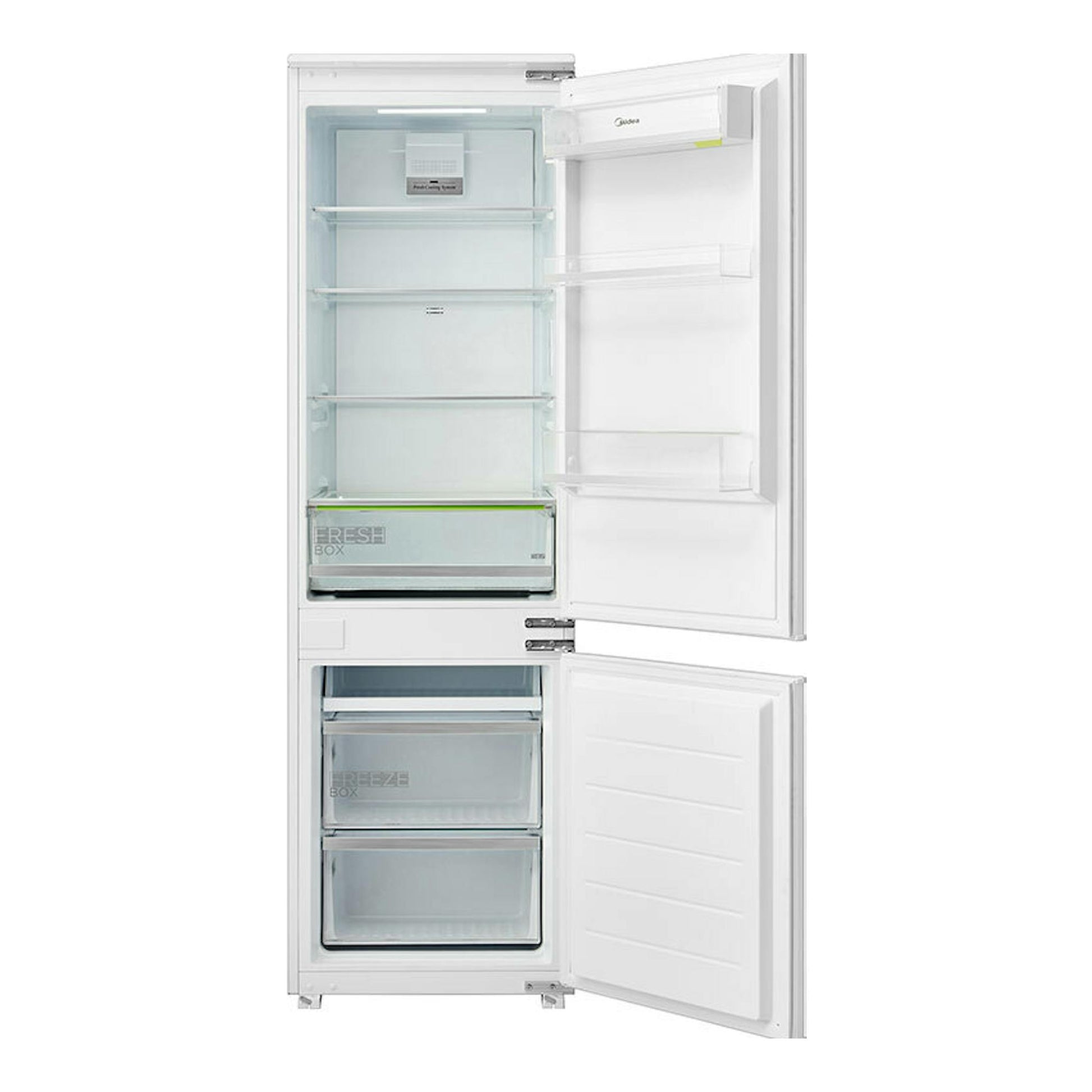 Frigorífico combi integrable Midea MDRE353FGE01, vista frontal con puertas abiertas, blanco.