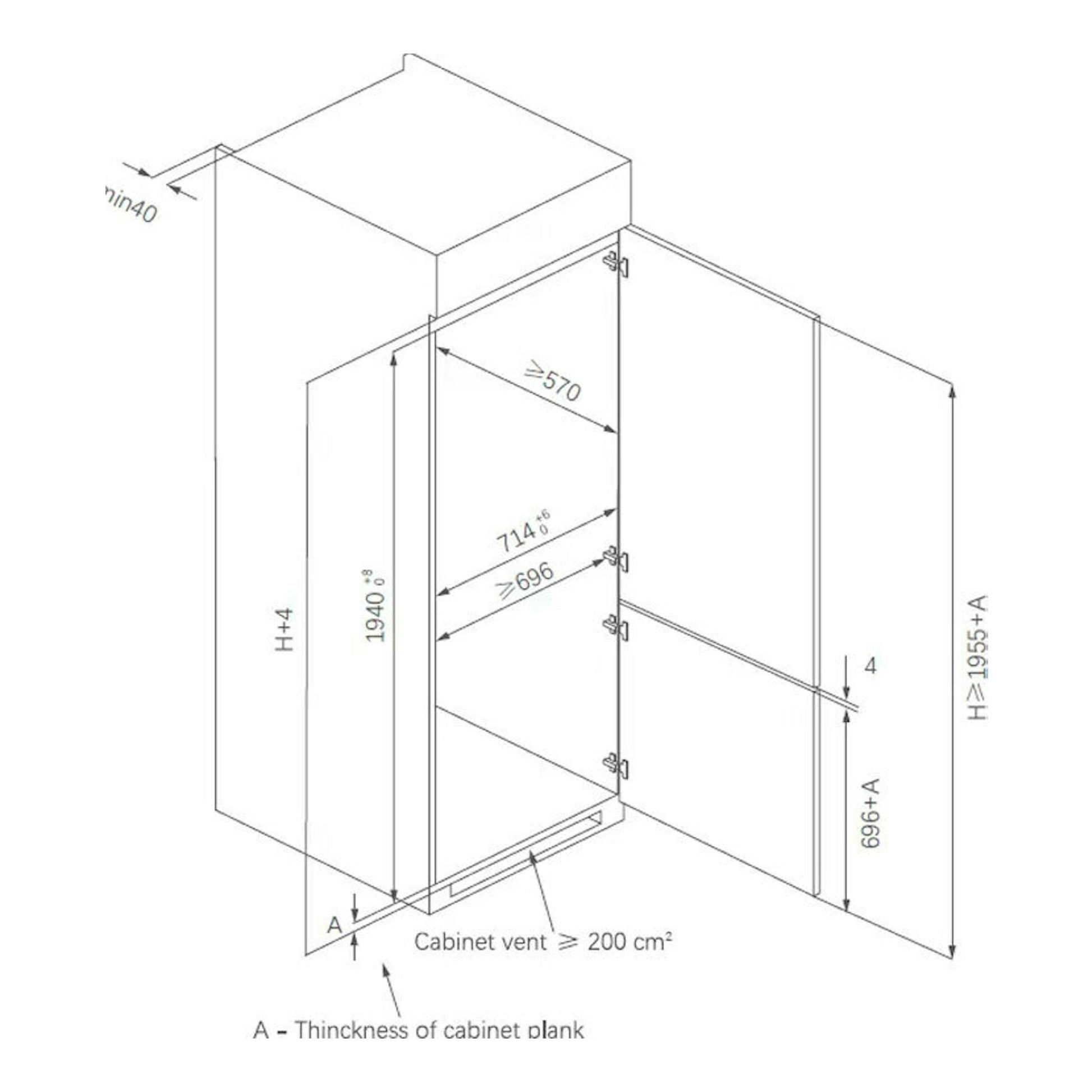 Esquema técnico de instalación de frigorífico integrable Midea MDRE554FGD01, vista frontal, con medidas y hueco.
