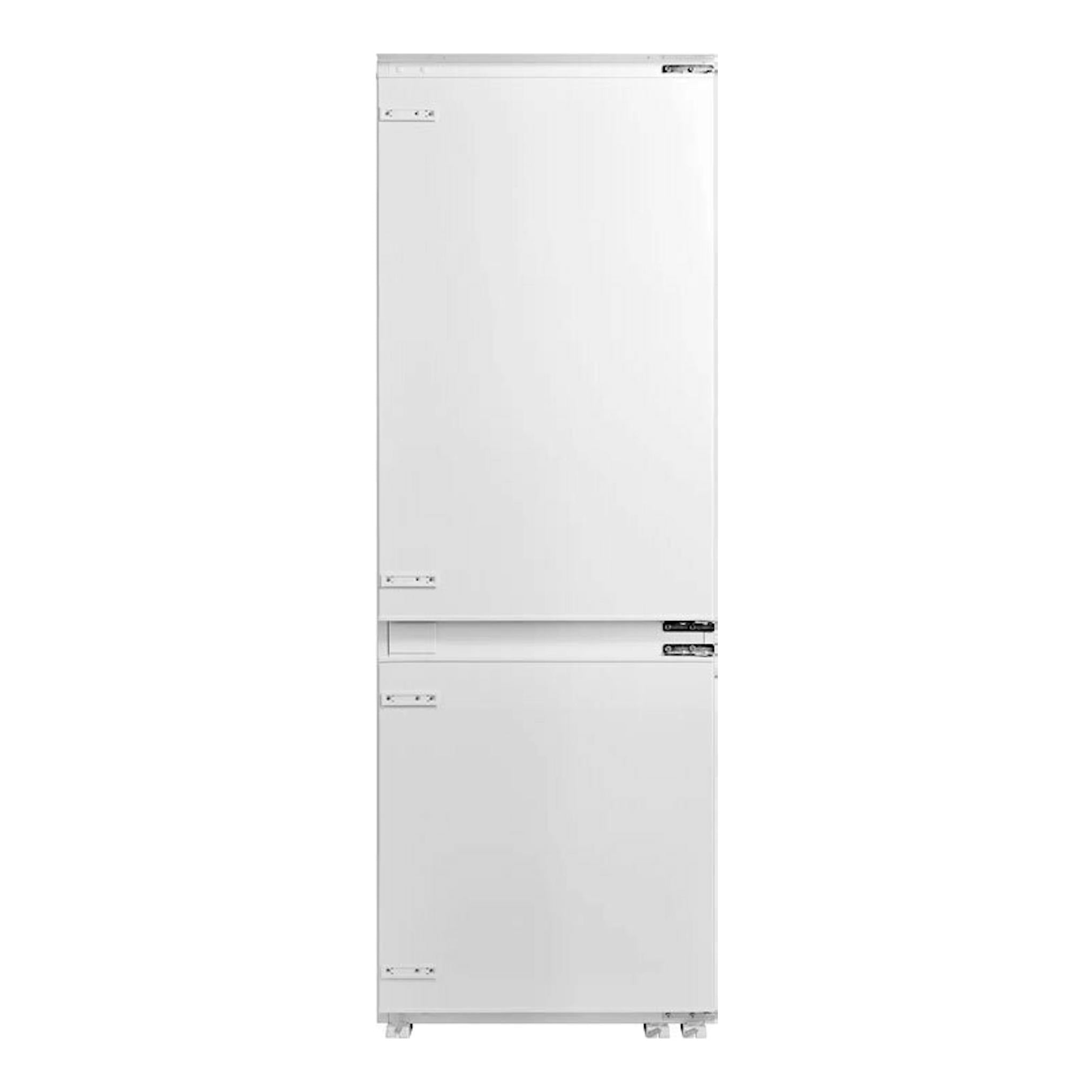 Frigorífico combi integrable Midea MDRE554FGD01, vista frontal, blanco, con dos puertas.