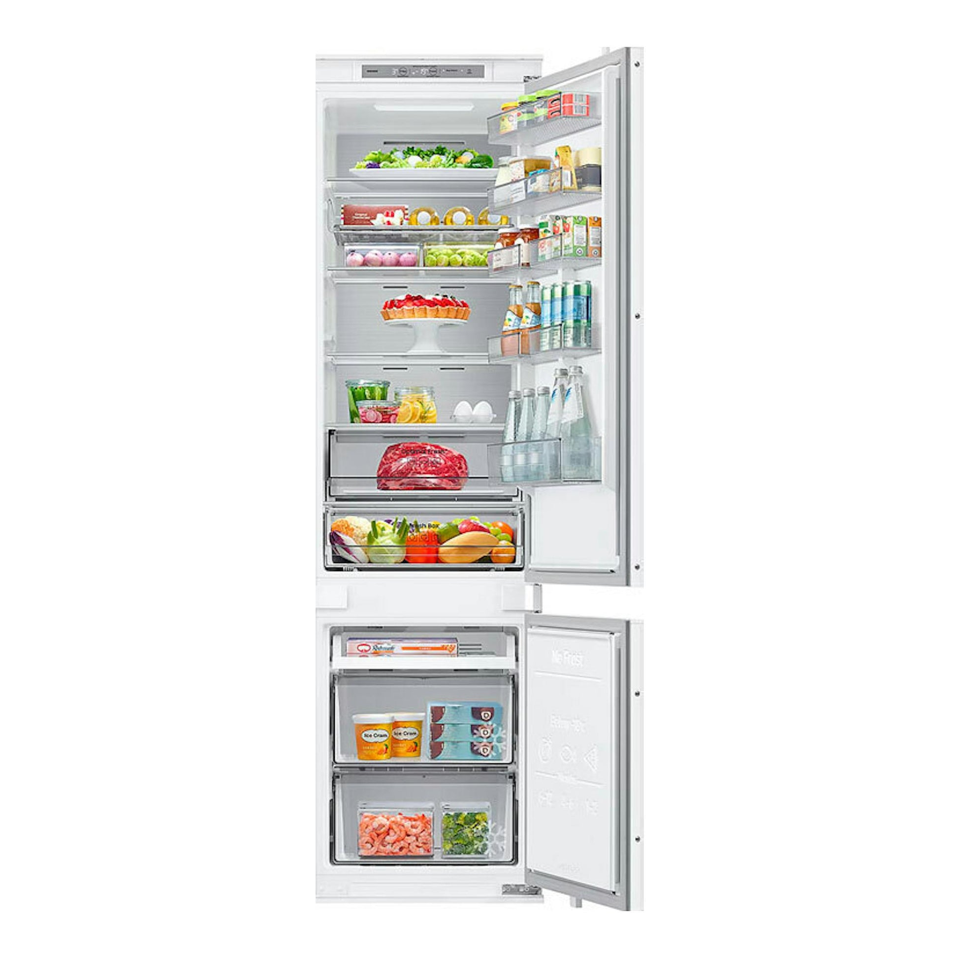 Frigorífico combi integrable Samsung BRB80F30ADS0EF blanco, vista frontal con puertas abiertas.