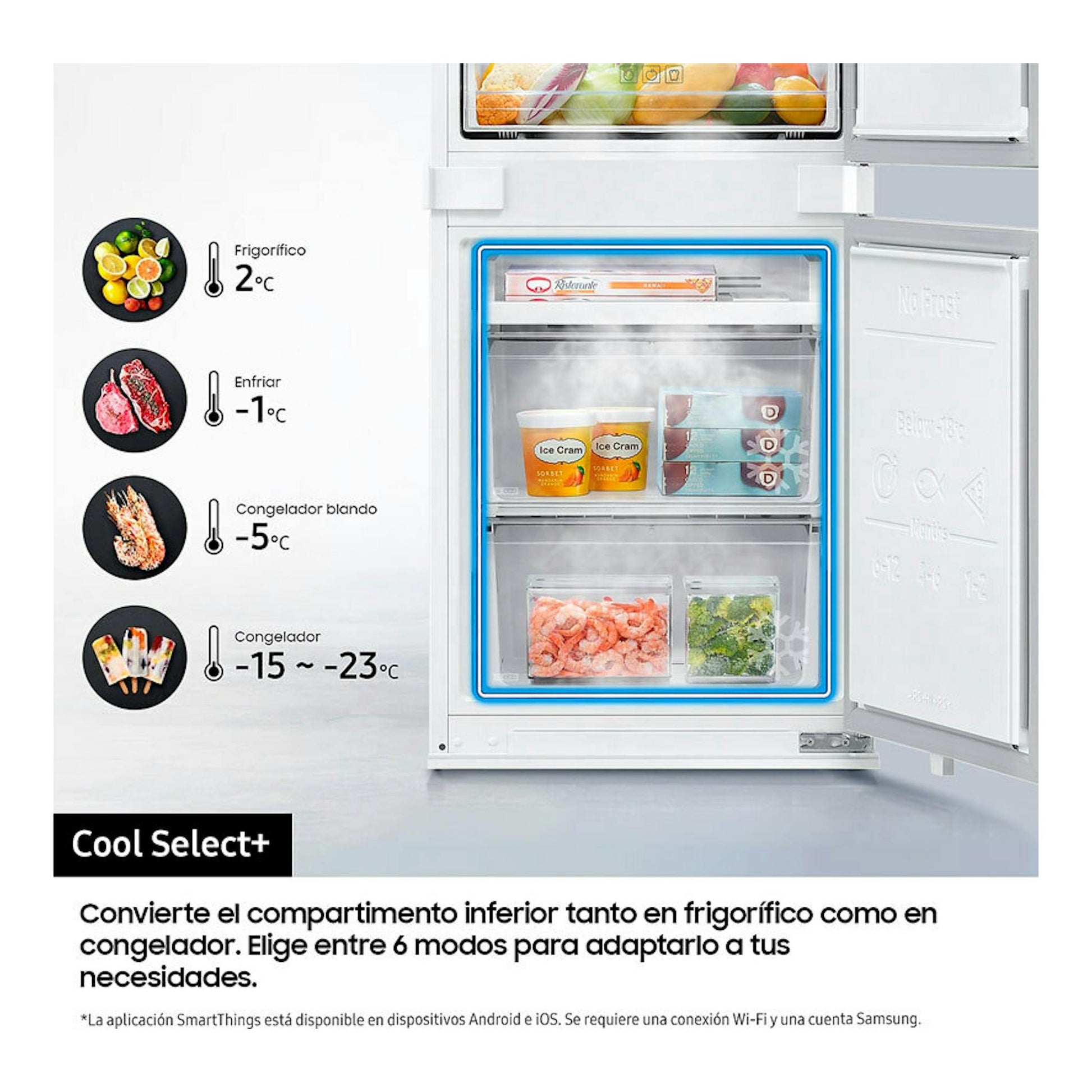 Frigorífico combi integrable Samsung BRB80F30ADS0EF blanco, vista frontal con puerta abierta y compartimento inferior visible.