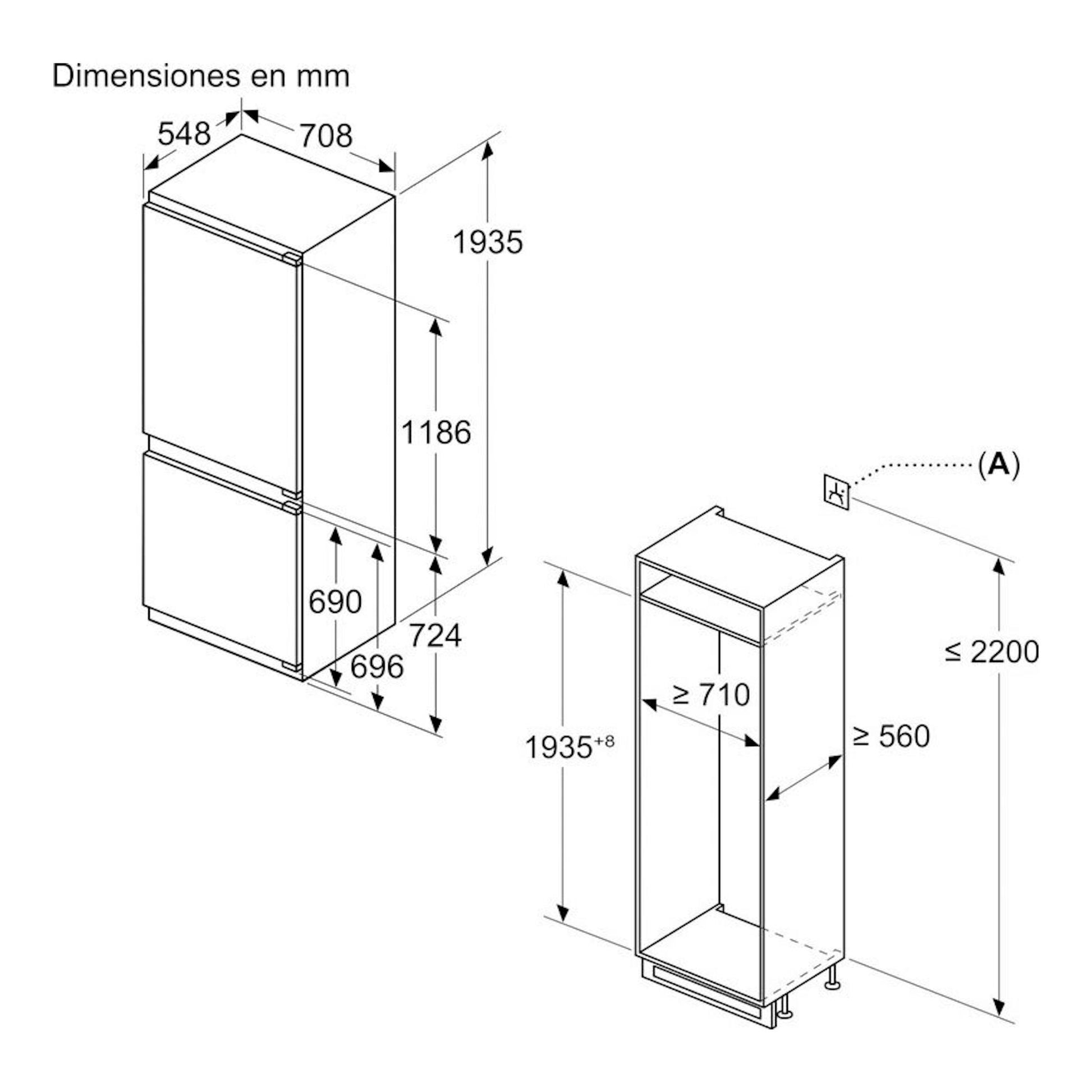 Esquema de dimensiones del frigorífico combi integrable Siemens KB96NVFE0, vista frontal y lateral.