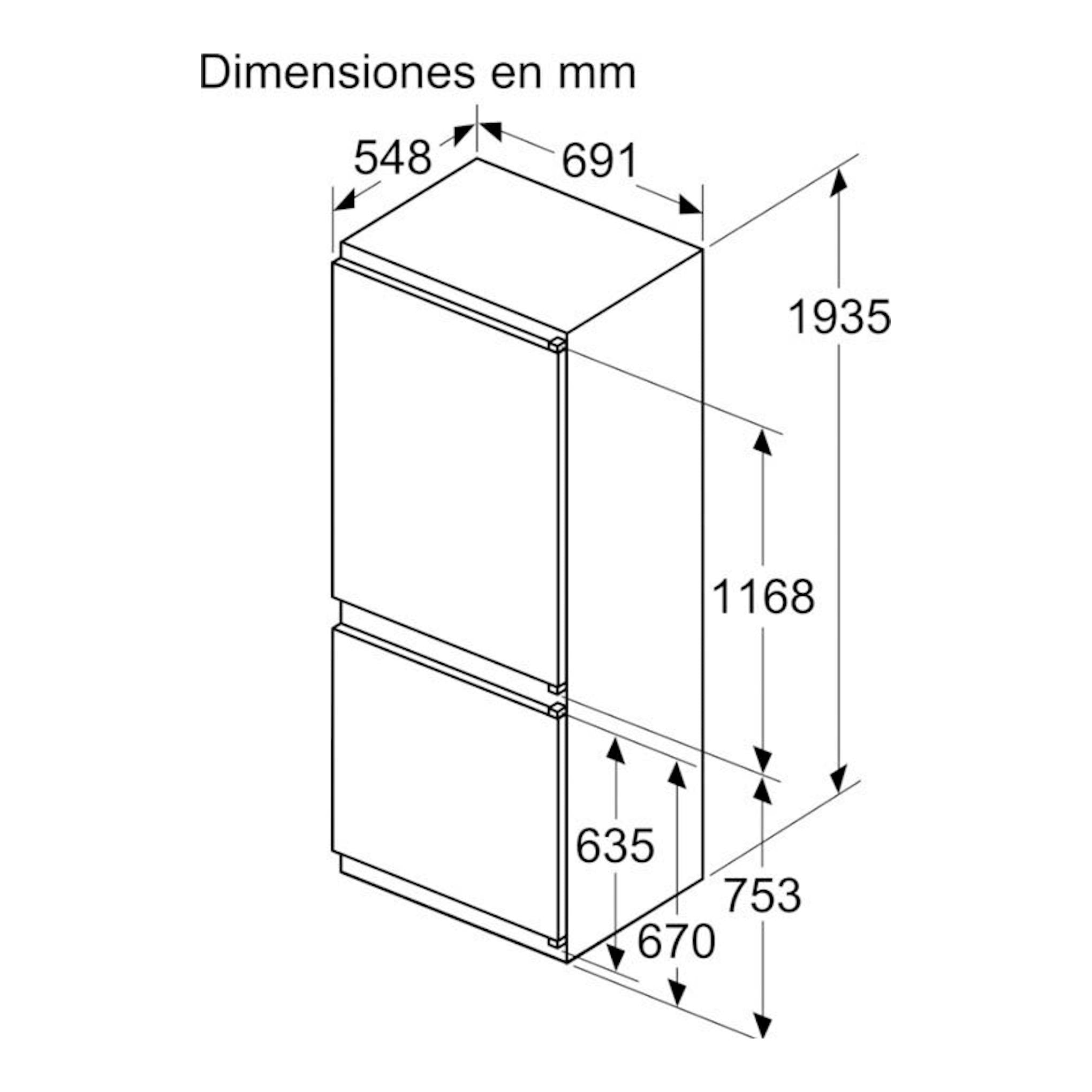 Esquema de frigorífico combi integrable Siemens KB96NVSE0 con dimensiones en mm y vista en perspectiva.