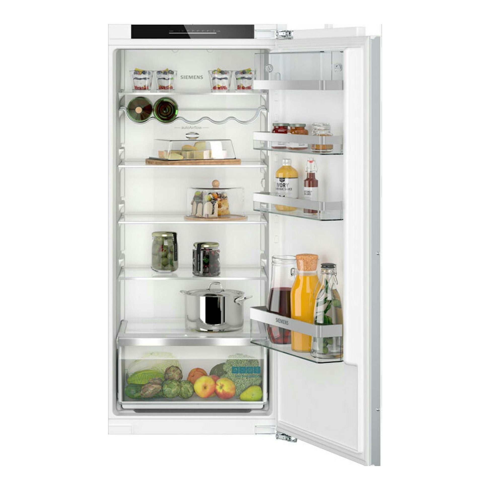 Frigorífico integrable Siemens KI41RADD1 abierto, vista frontal interior blanca con baldas y alimentos.