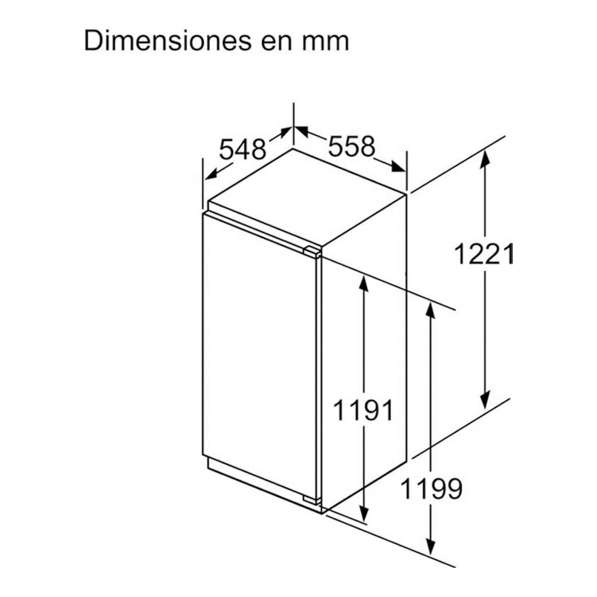 Siemens KI41RADD1, esquema dimensional en blanco de frigorífico integrable en vista isométrica.