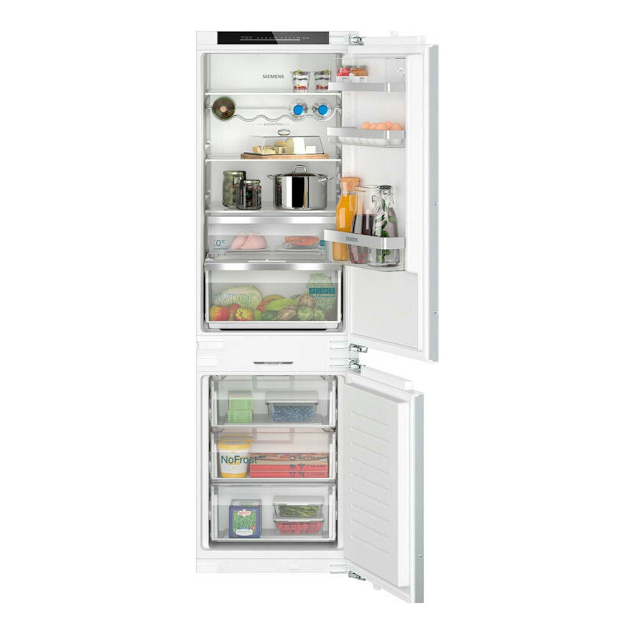 Frigorífico combi integrable Siemens KI86NADD0, blanco, vista frontal con puertas abiertas y interior visible.