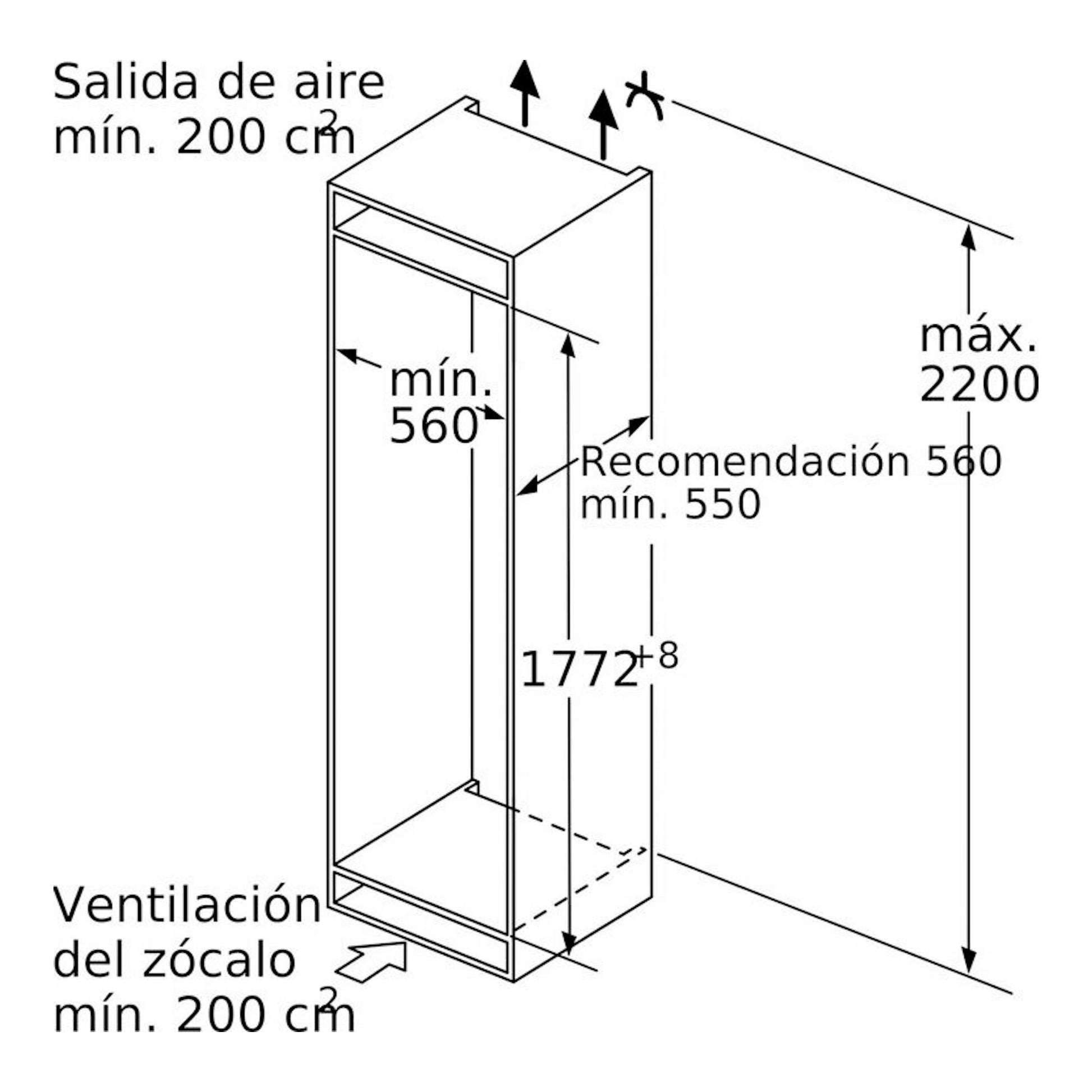 Diagrama técnico en blanco y negro de hueco para frigorífico integrable Siemens KI86NADD0, vista isométrica con medidas.