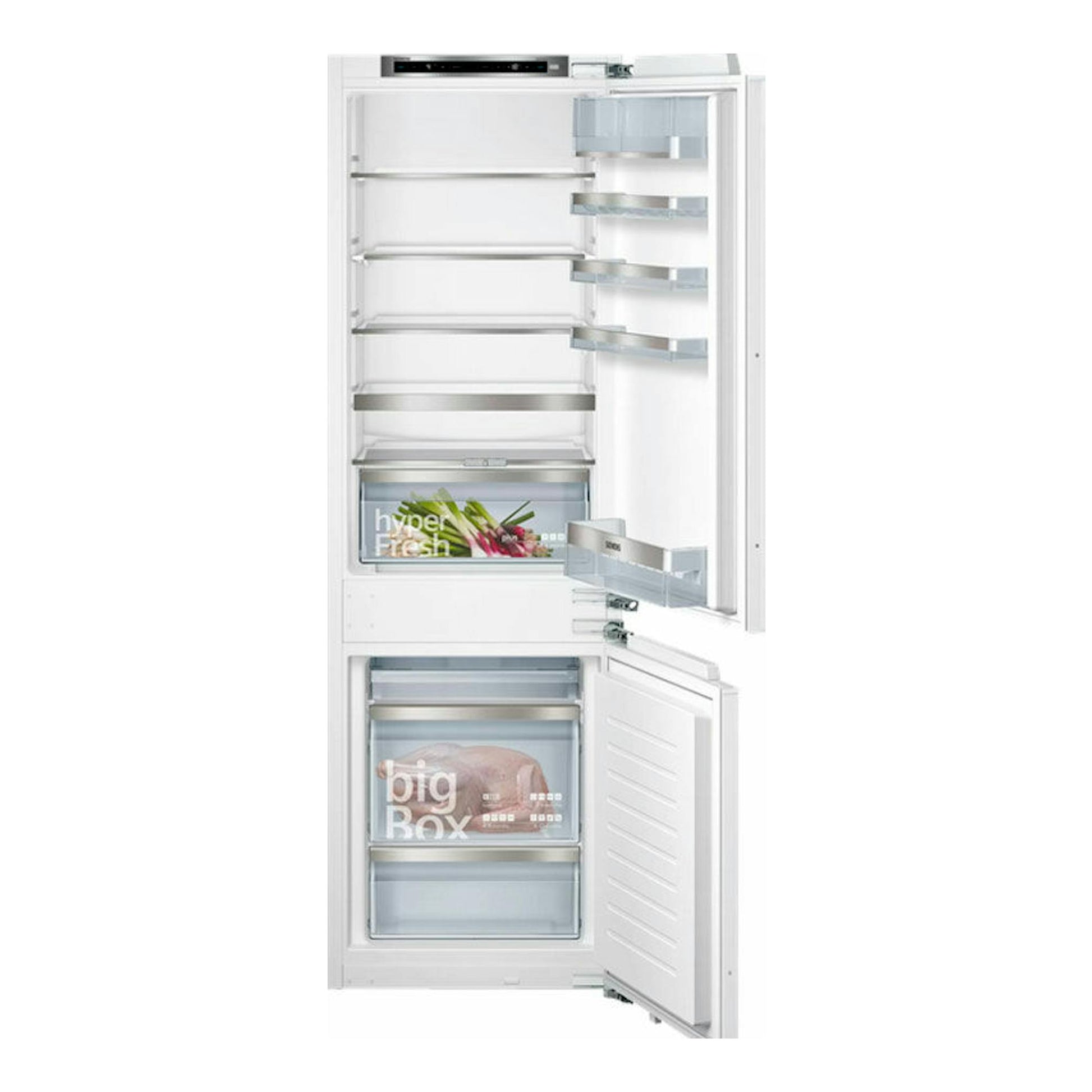 Frigorífico combi integrable Siemens KI86SAFE0 blanco, puertas abiertas, interior con estantes y cajones.