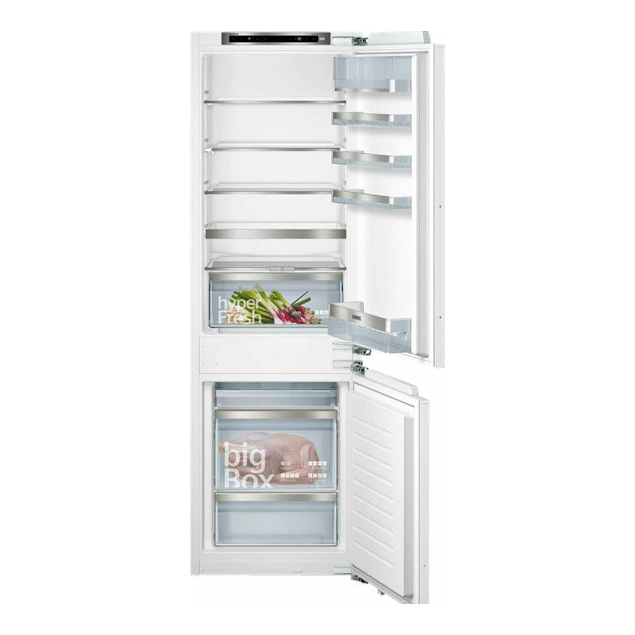 Frigorífico combi integrable Siemens KI86SAFE0 blanco, puertas abiertas, interior con estantes y cajones.