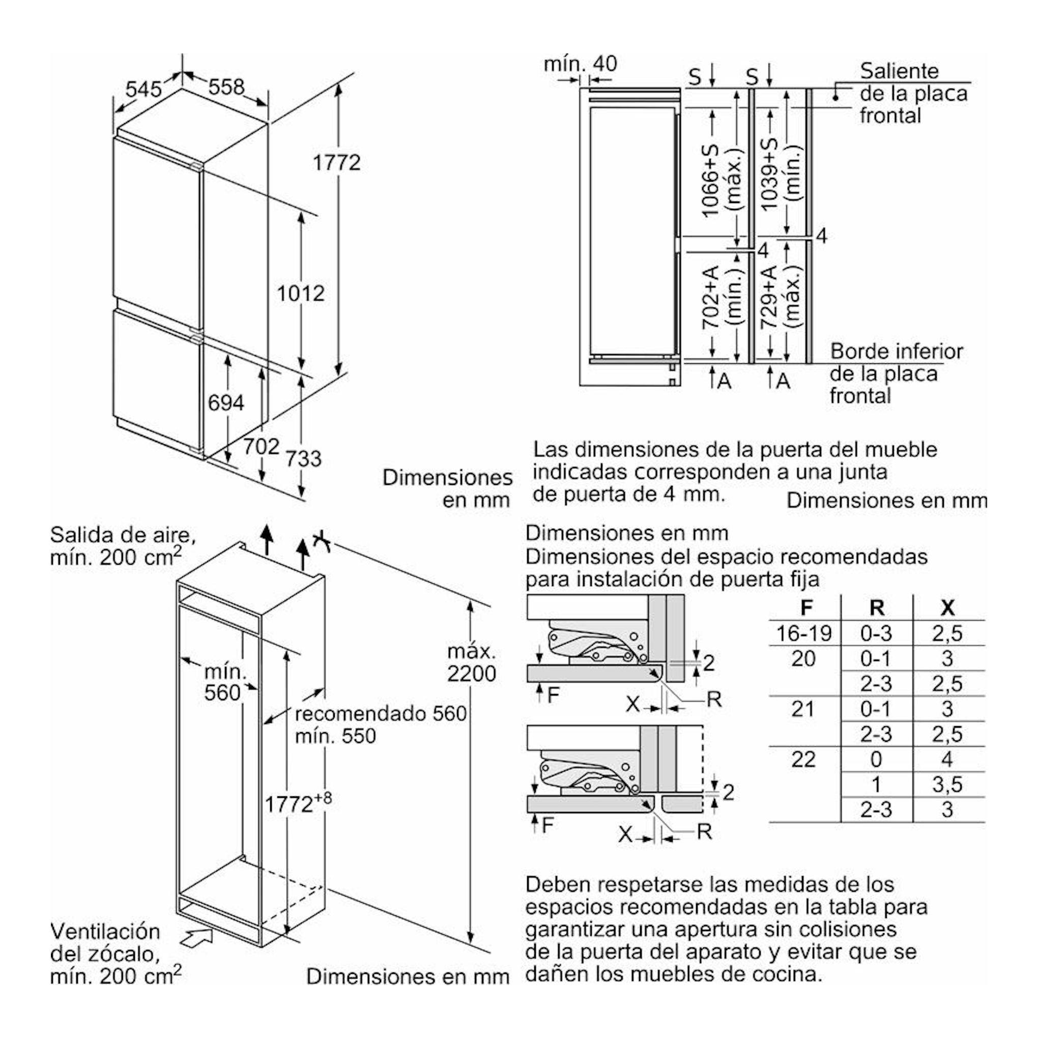 Esquema de dimensiones del frigorífico combi integrable Siemens KI86SAFE0, con vistas frontal y lateral.