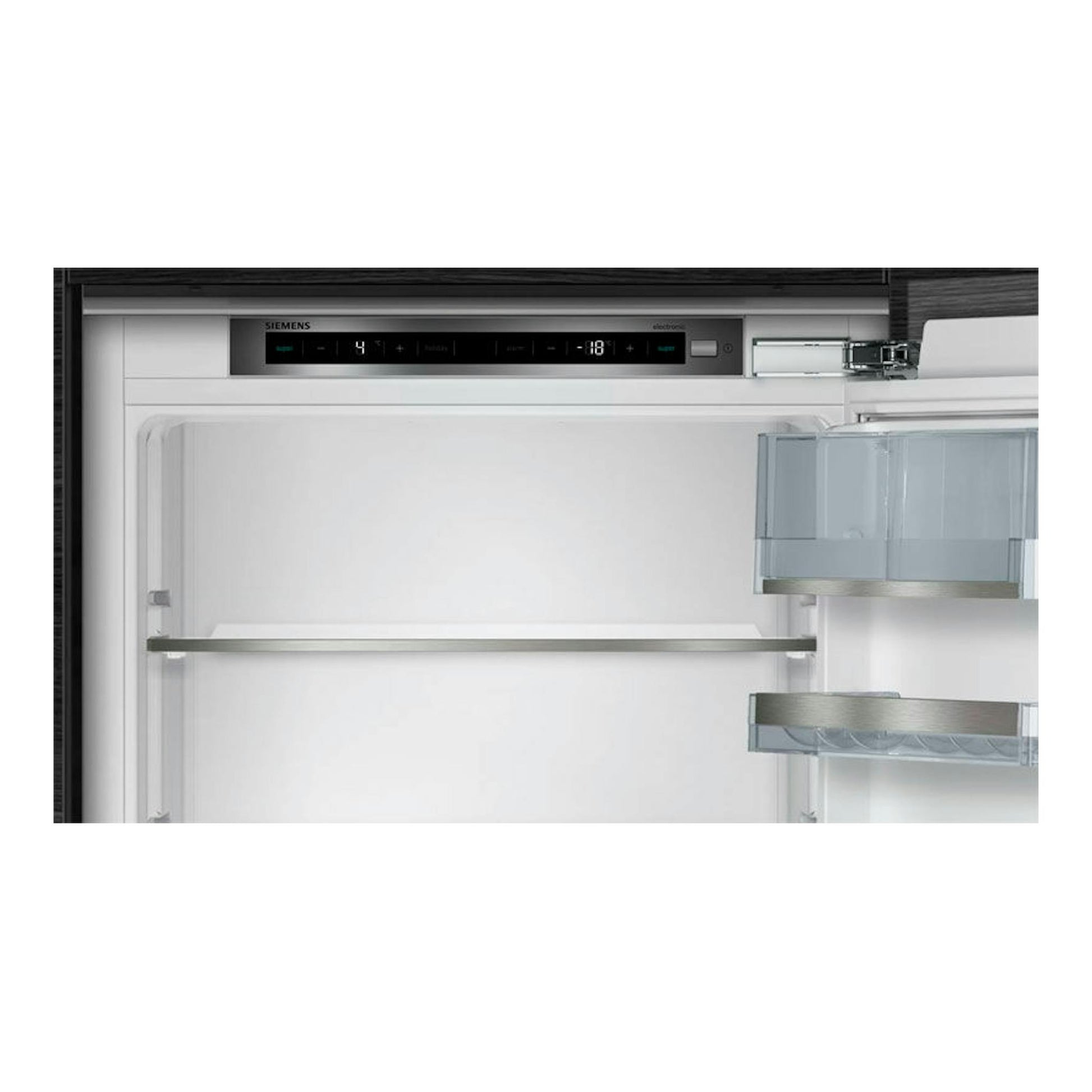 Frigorífico combi integrable Siemens KI86SAFE0, vista frontal interior en blanco con puerta abierta.