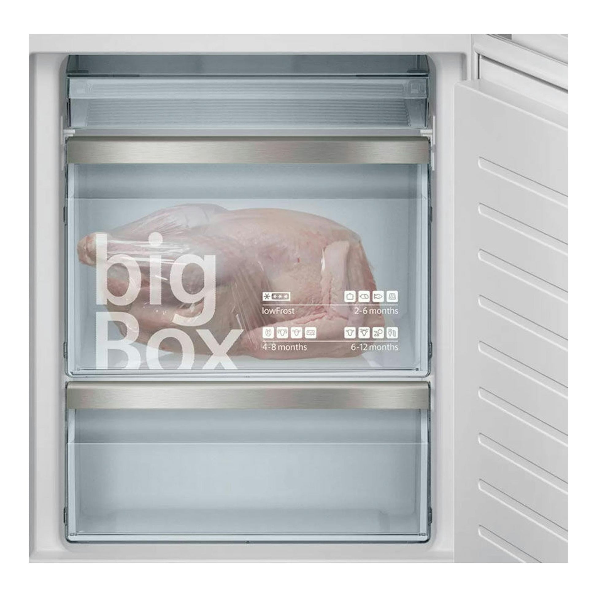 Siemens KI86SAFE0, cajón BigBox del congelador integrado en blanco, vista frontal abierta.