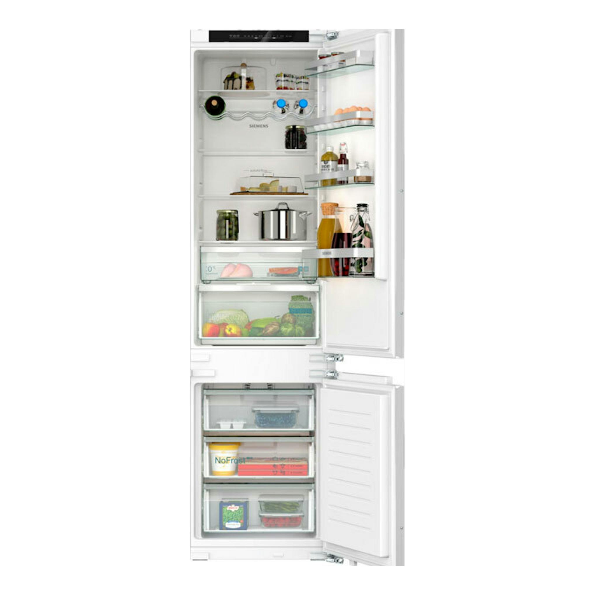 Frigorífico combi integrable Siemens KI96NVFD0, blanco, vista frontal con puertas abiertas y compartimentos visibles.