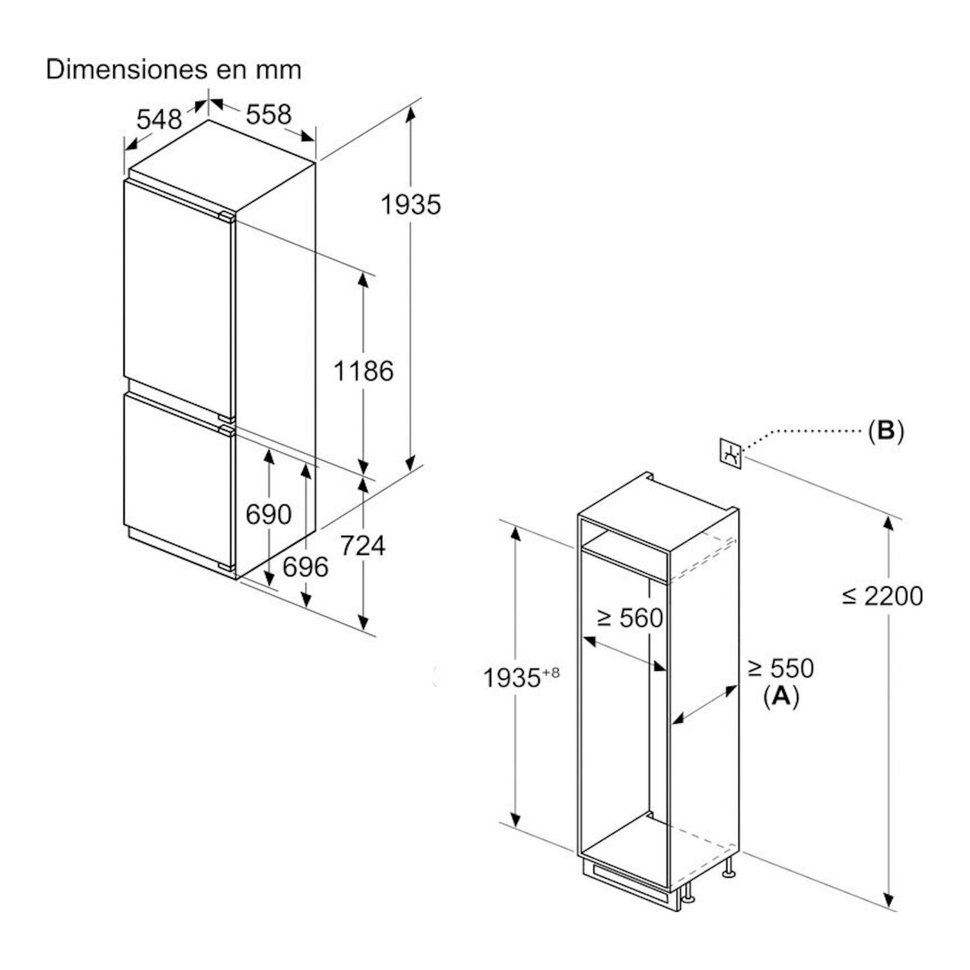 Diagrama de dimensiones de frigorífico combi integrable Siemens KI96NVFD0 en vista frontal y lateral.