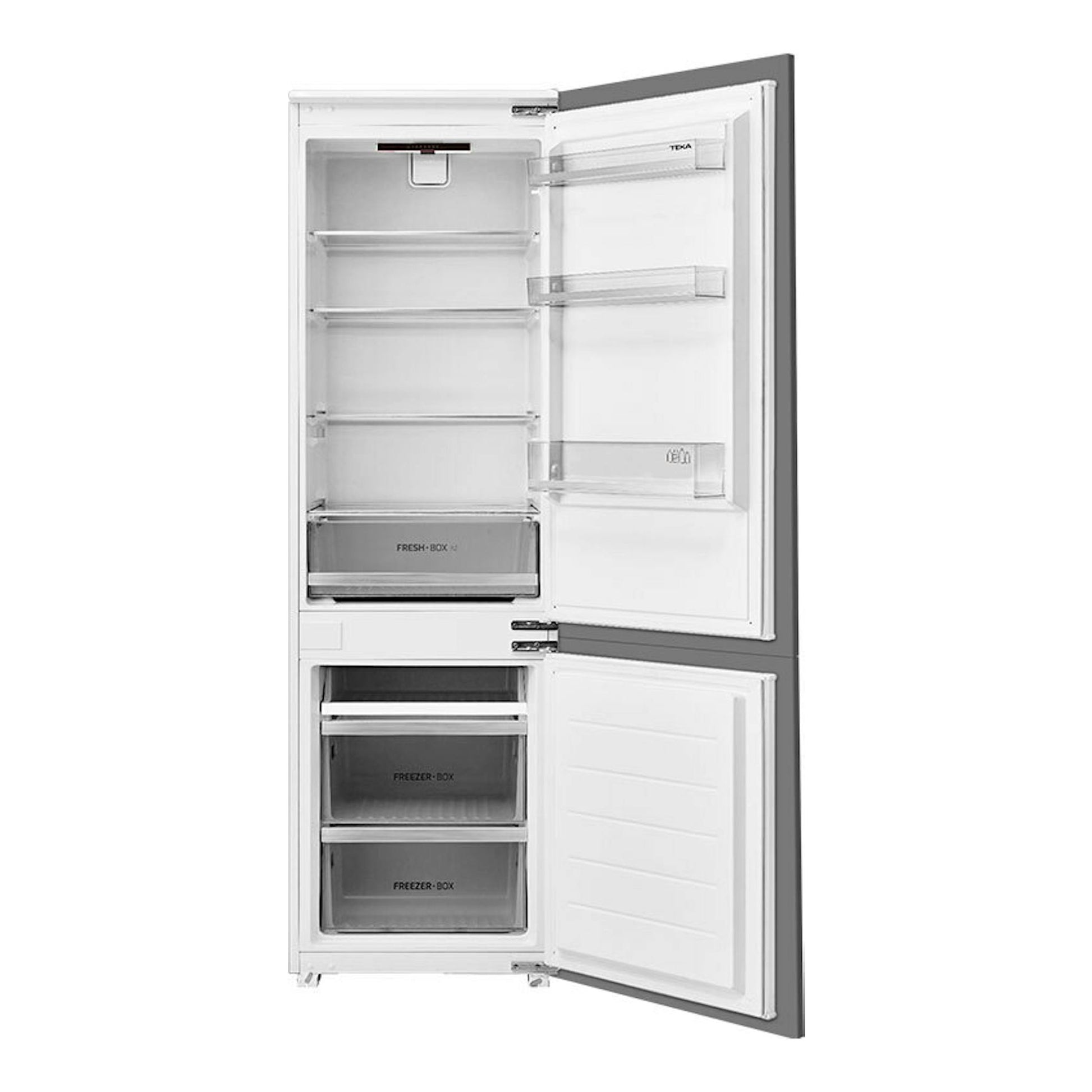 Frigorífico combi integrable Teka RBF43345FI abierto, con compartimento frigorífico y congelador blancos.