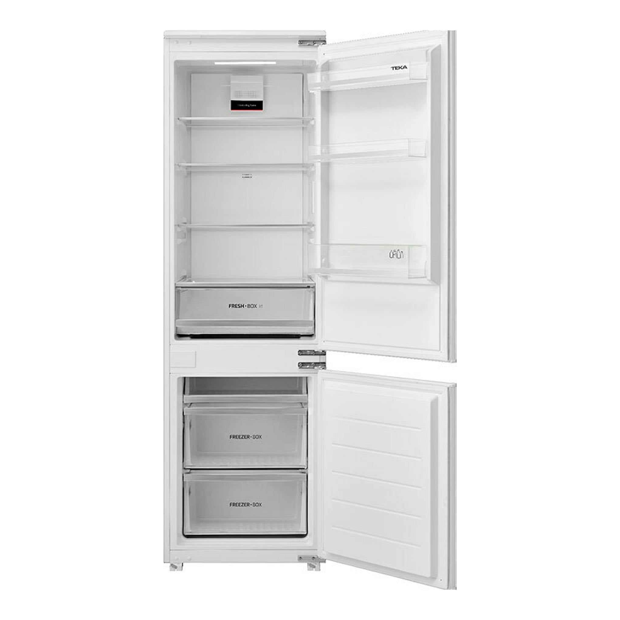 Frigorífico combi integrable Teka RBF73355FI, puertas blancas abiertas, interior con baldas y cajones.