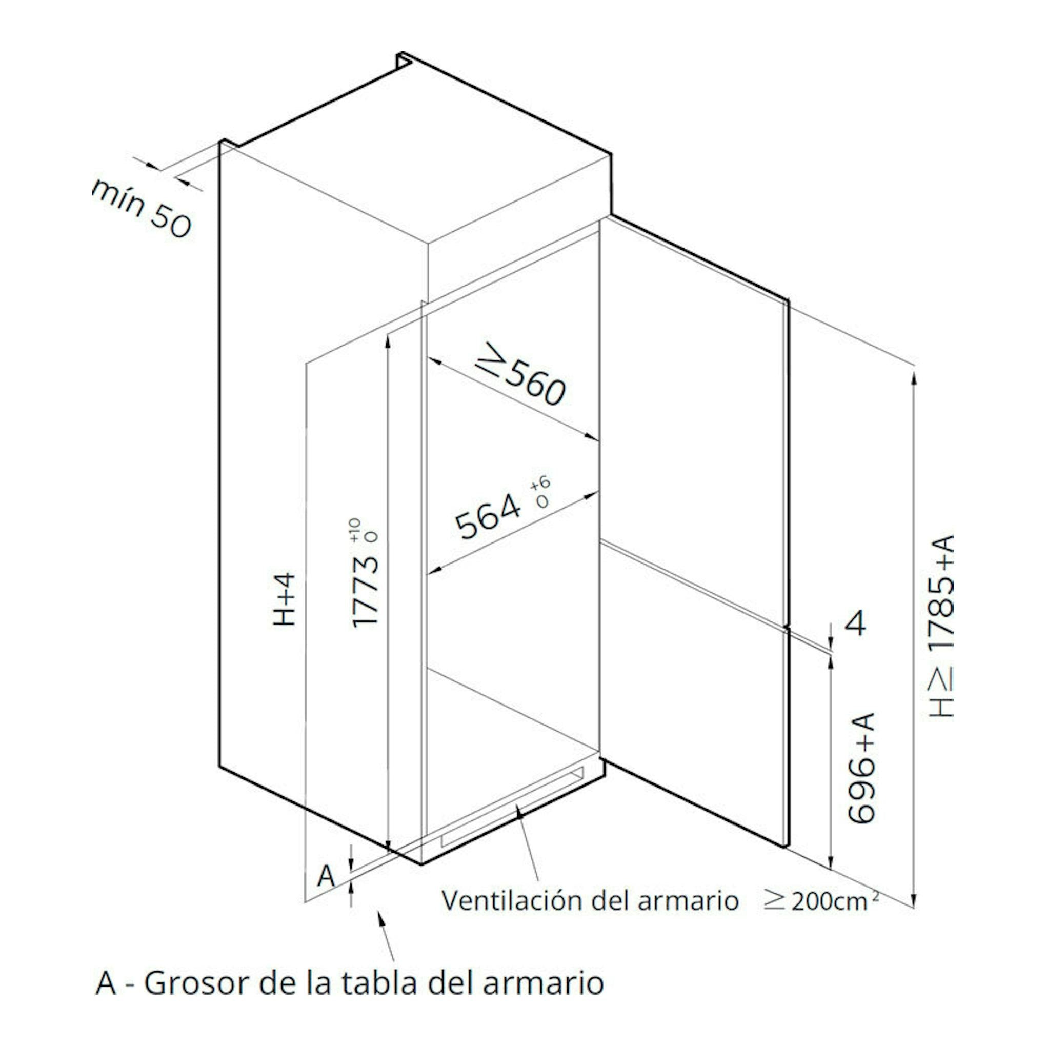 Esquema en blanco y negro de frigorífico combi integrable Teka RBF73355FI, vista isométrica frontal.