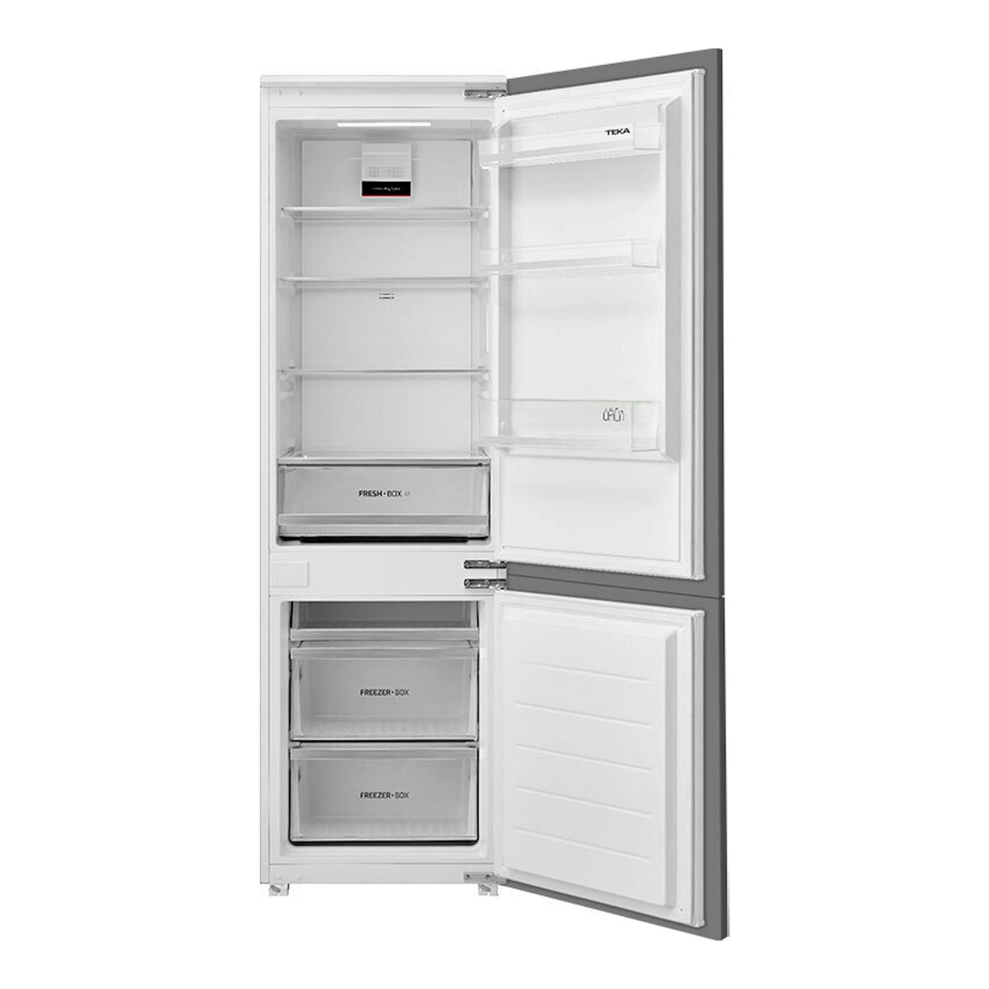 Frigorífico combi integrable Teka RBF73355FI blanco, vista frontal con puertas abiertas y cajones visibles.