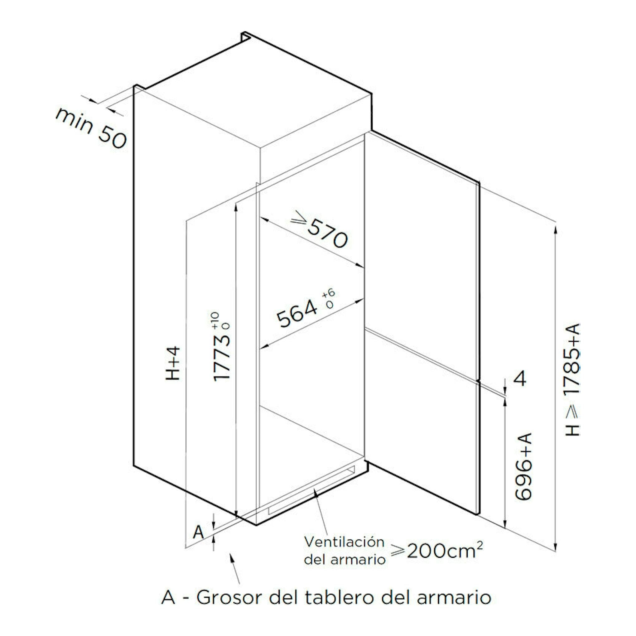 Esquema técnico en blanco y negro de instalación de frigorífico combi integrable Teka RBF73395FI, vista 3/4.