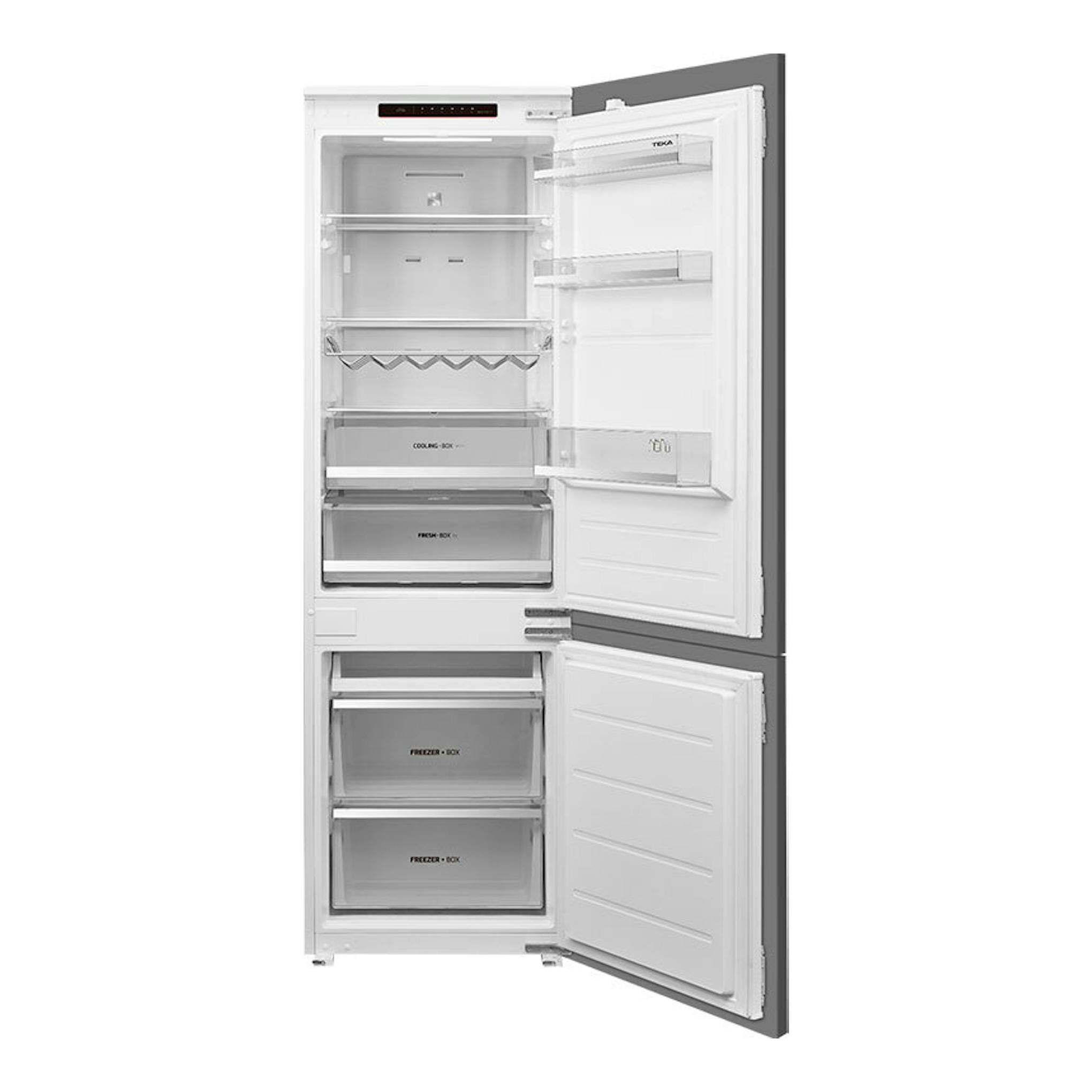 Frigorífico combi integrable Teka RBF73395FI blanco, con puertas abiertas y compartimentos visibles.