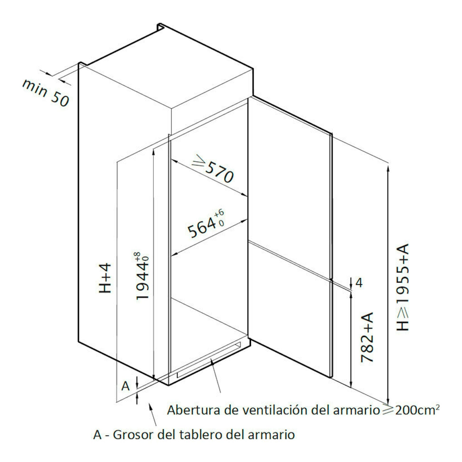 Diagrama técnico en blanco y negro de instalación del frigorífico integrable Teka RBF78385FI, vista isométrica.