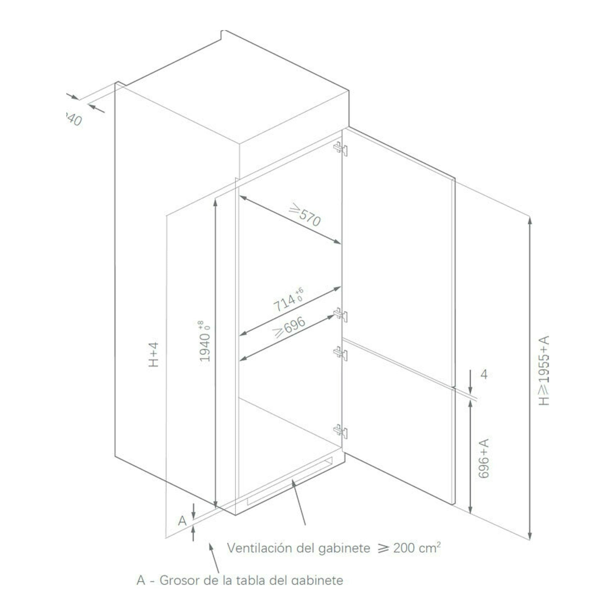 Esquema técnico isométrico de instalación del frigorífico integrable Teka RBF78785FI, con medidas.