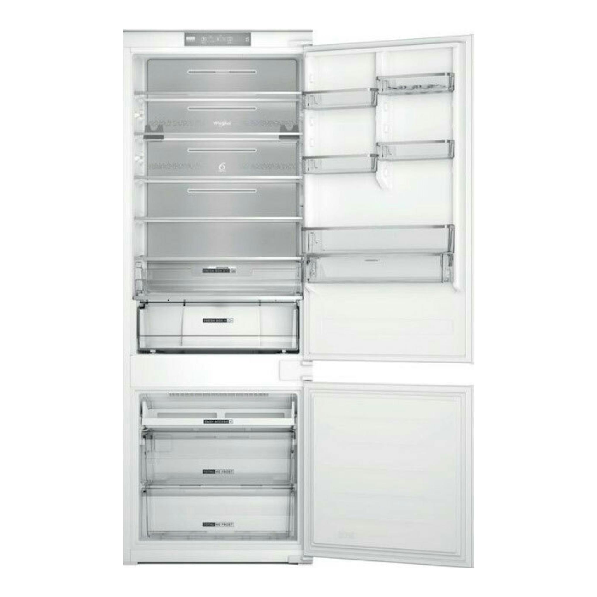 Frigorífico combi integrable Whirlpool WH SP70 T121, en vista frontal, puertas abiertas y acabado blanco.