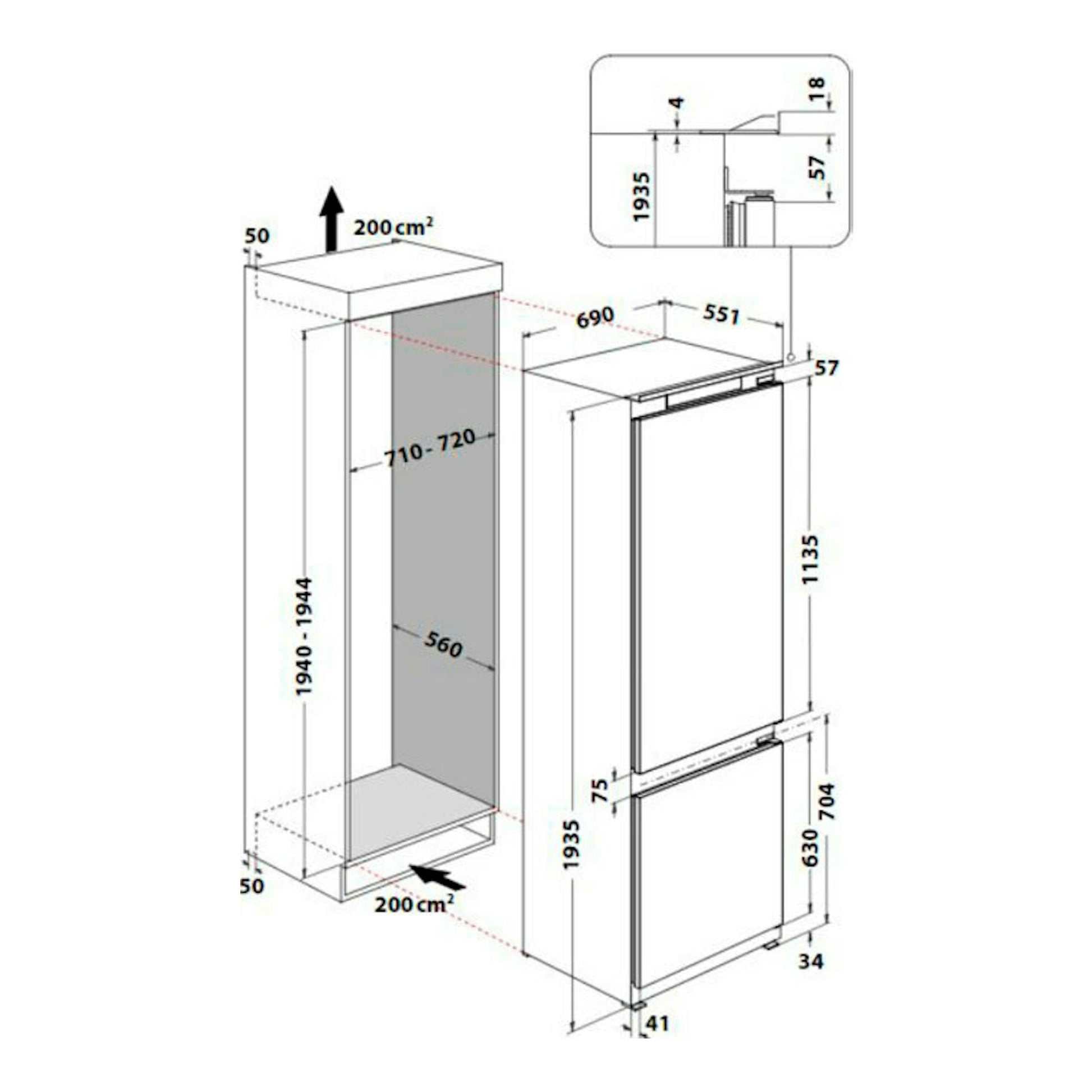 Whirlpool WH SP70 T121: esquema técnico en blanco y negro de frigorífico combi integrable, vista frontal y lateral.