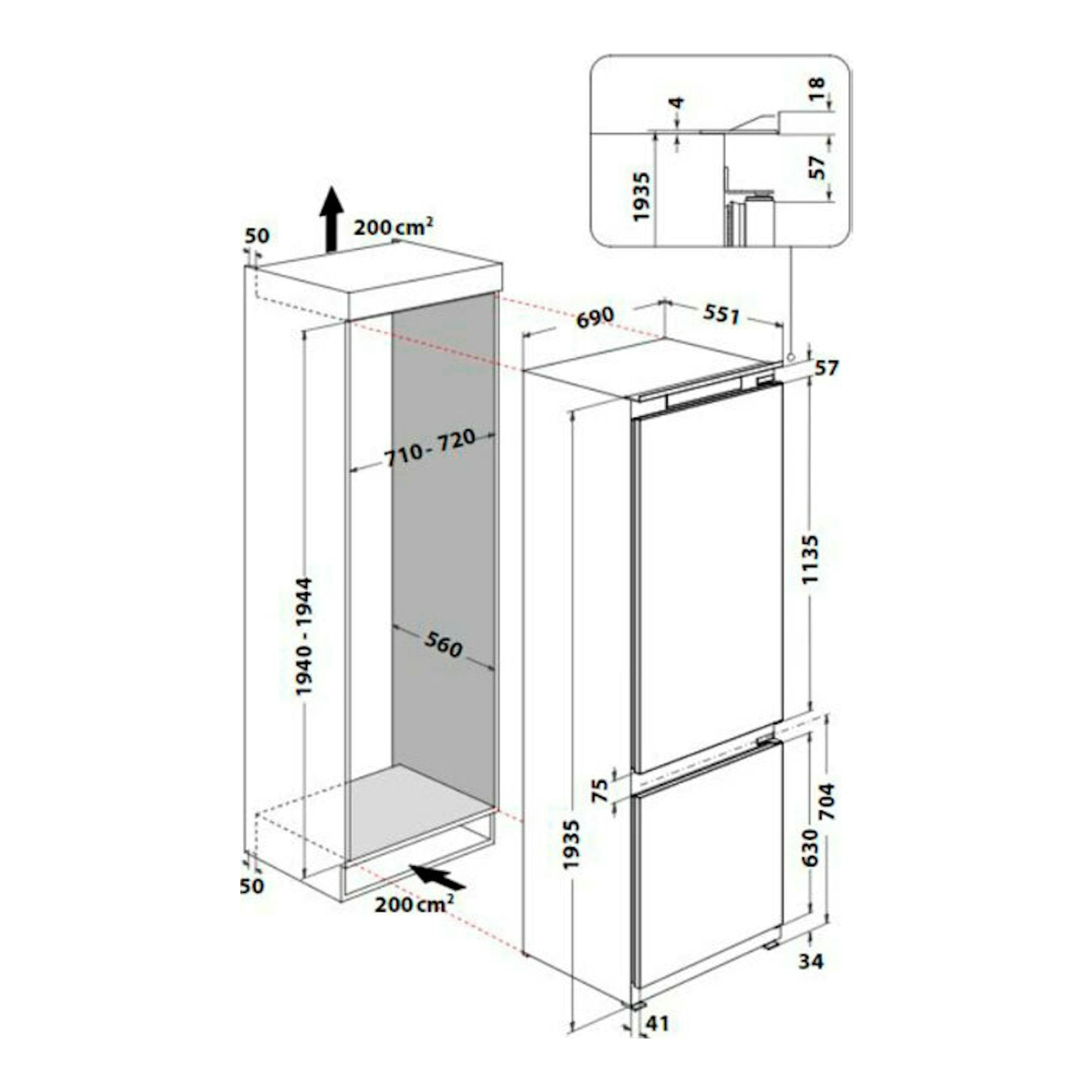 Whirlpool WH SP70 T121: esquema técnico en blanco y negro de frigorífico combi integrable, vista frontal y lateral.