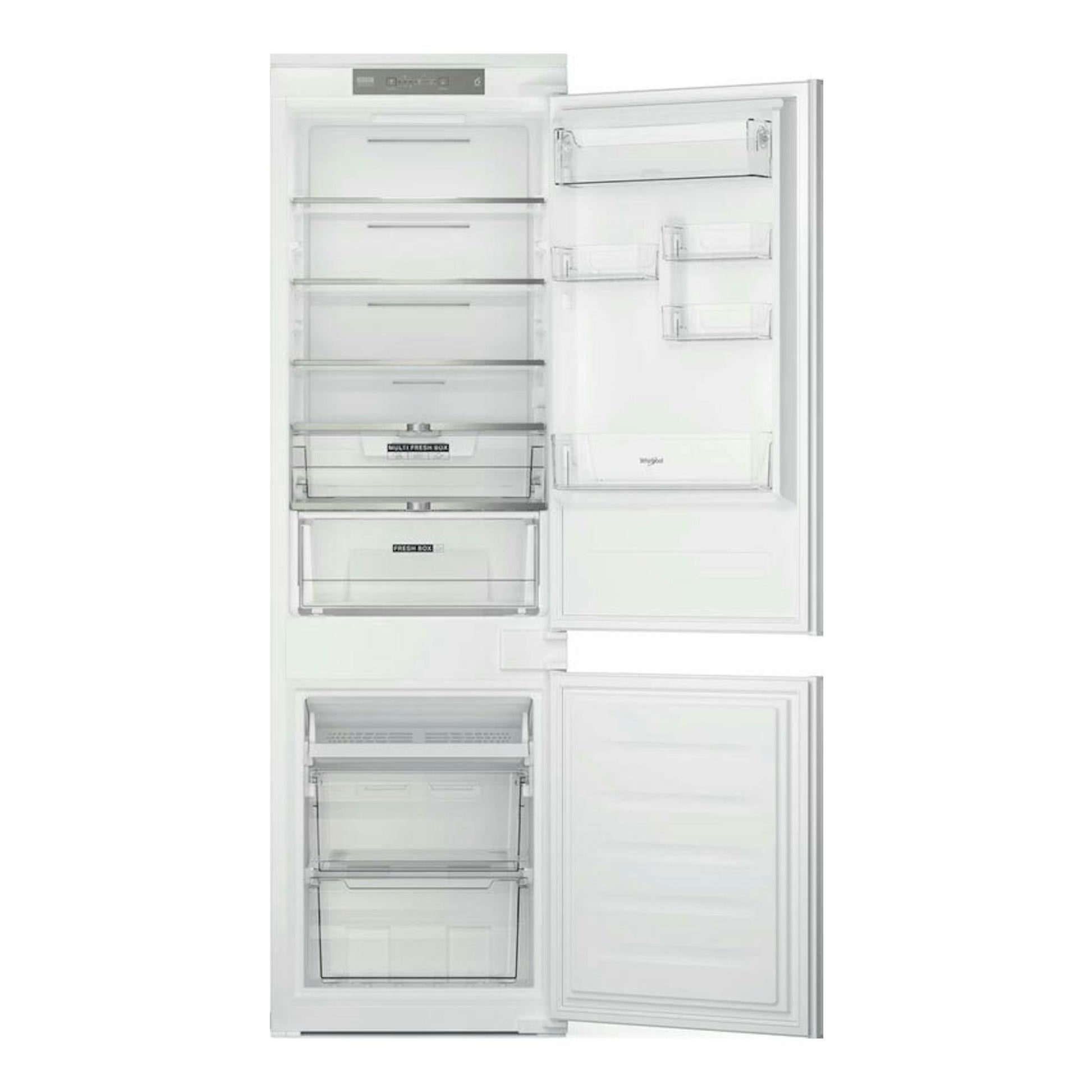Frigorífico combi integrable Whirlpool WHC18 T323, blanco, vista frontal con puertas abiertas y cajones visibles.