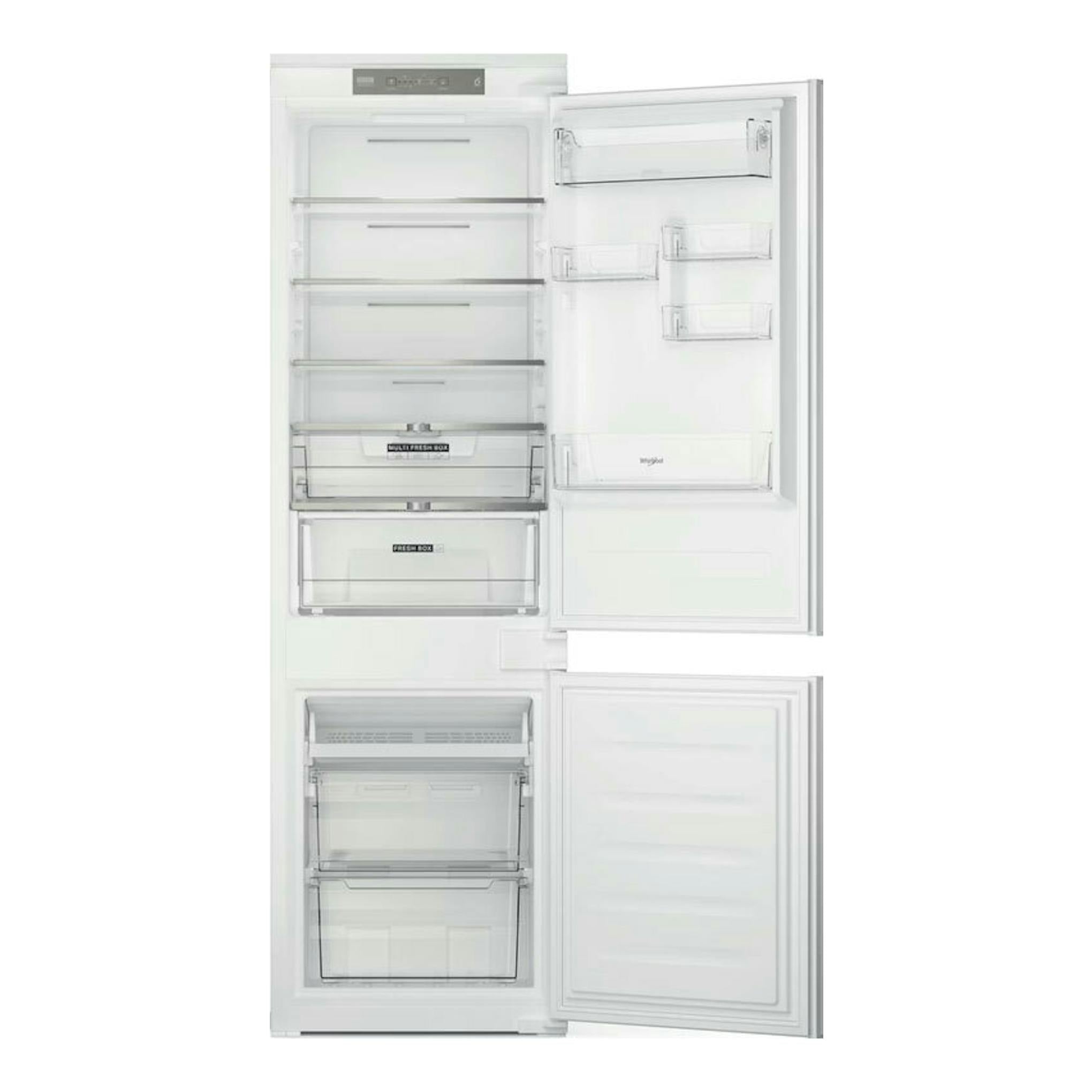 Frigorífico combi integrable Whirlpool WHC18 T323, blanco, vista frontal con puertas abiertas y cajones visibles.