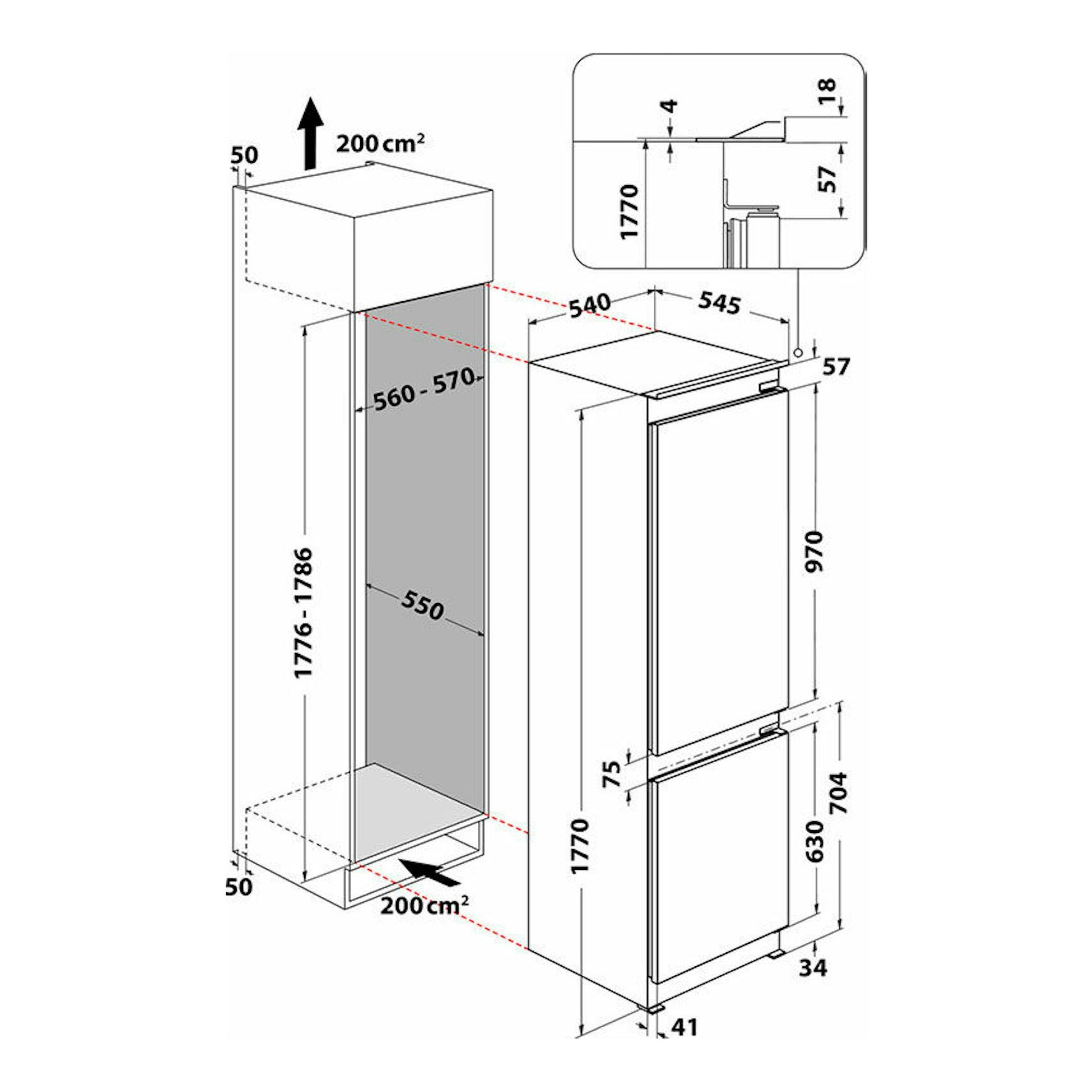 Esquema de instalación del frigorífico combi integrable Whirlpool WHC18 T323, vista frontal y lateral con cotas.