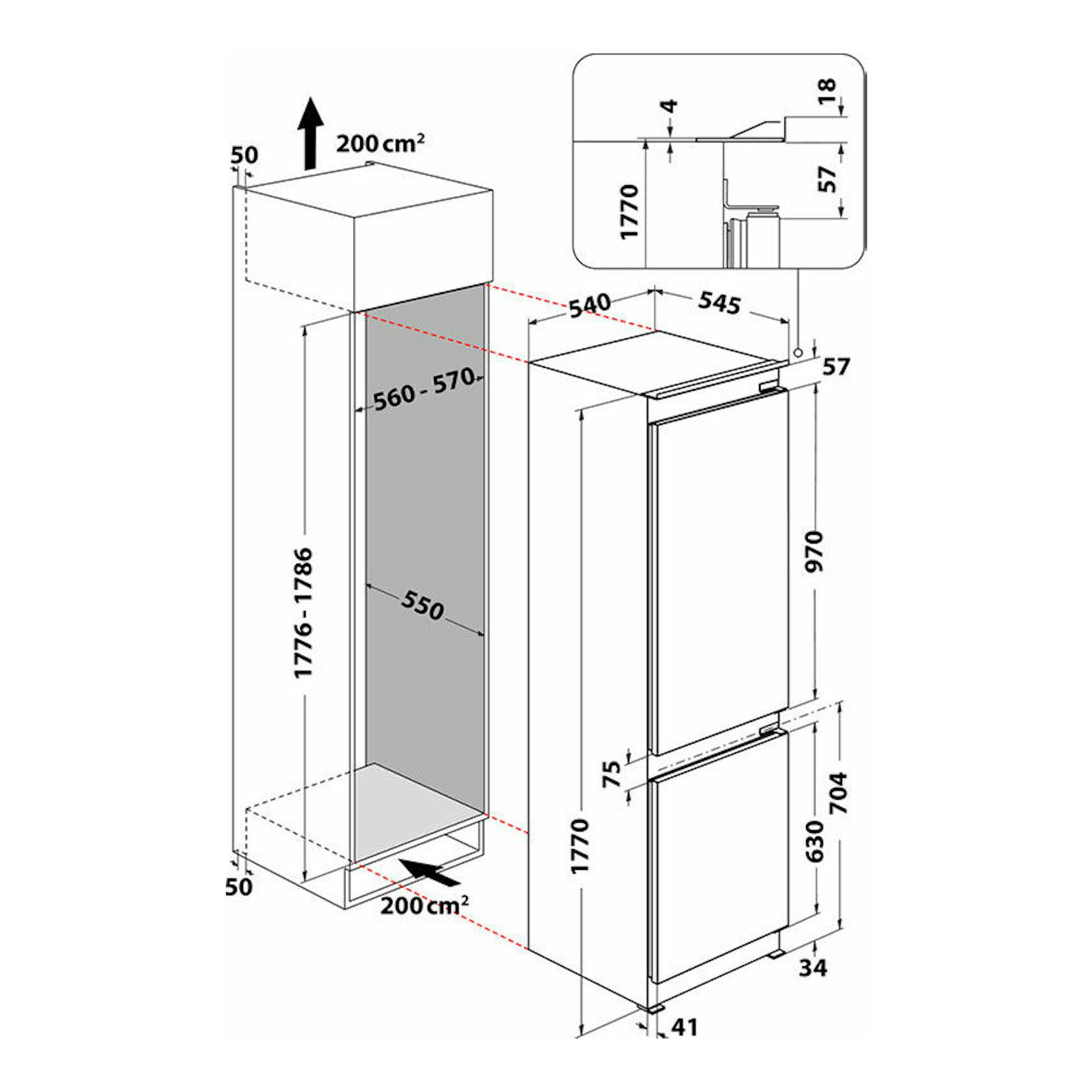 Esquema de instalación del frigorífico combi integrable Whirlpool WHC18 T323, vista frontal y lateral con cotas.