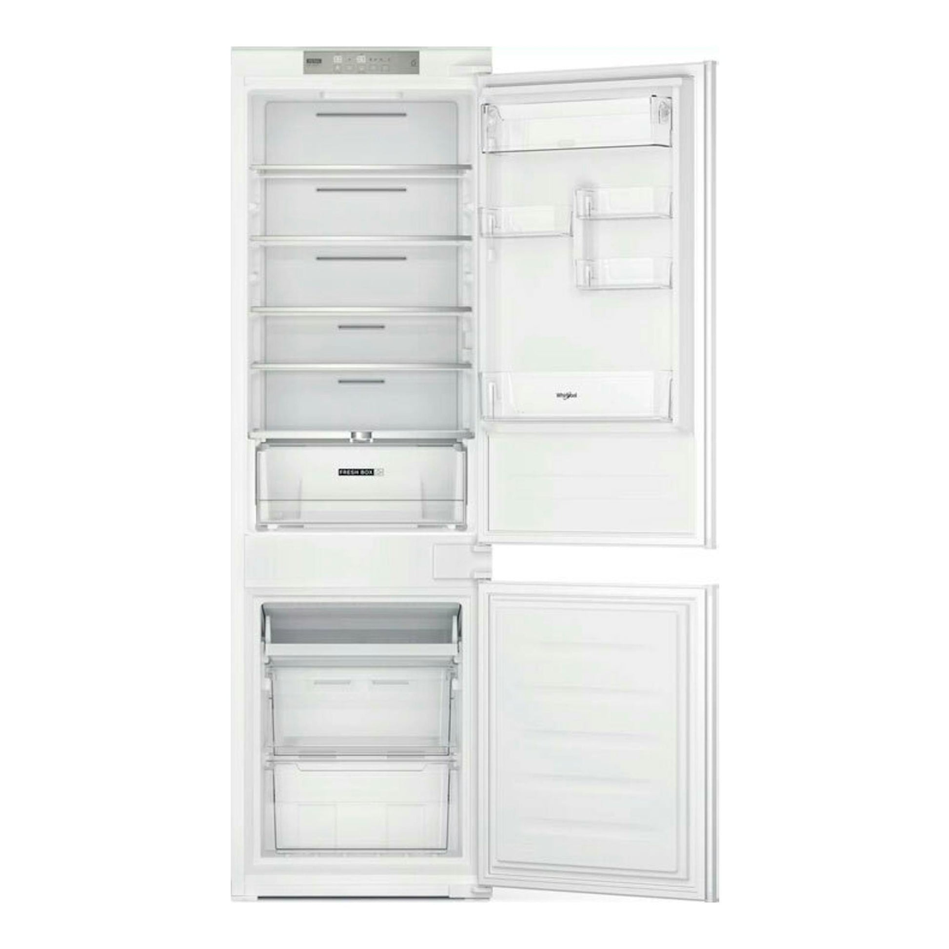 Frigorífico combi integrable Whirlpool WHC18 T514 en blanco, puertas abiertas, vista frontal.