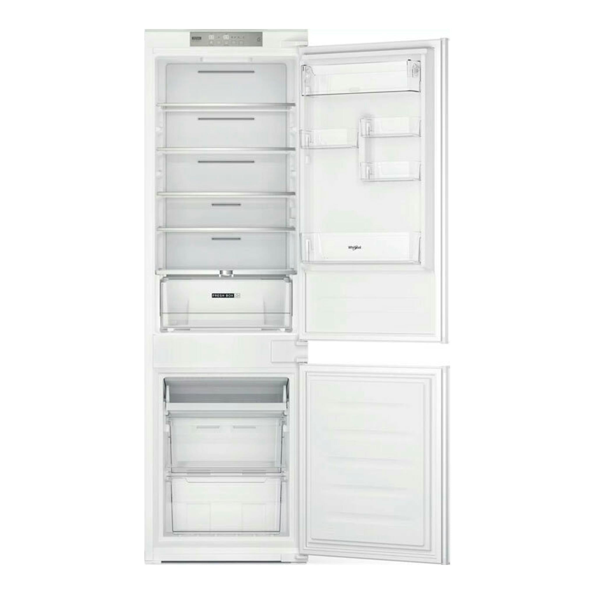 Frigorífico combi integrable Whirlpool WHC18 T514 en blanco, puertas abiertas, vista frontal.