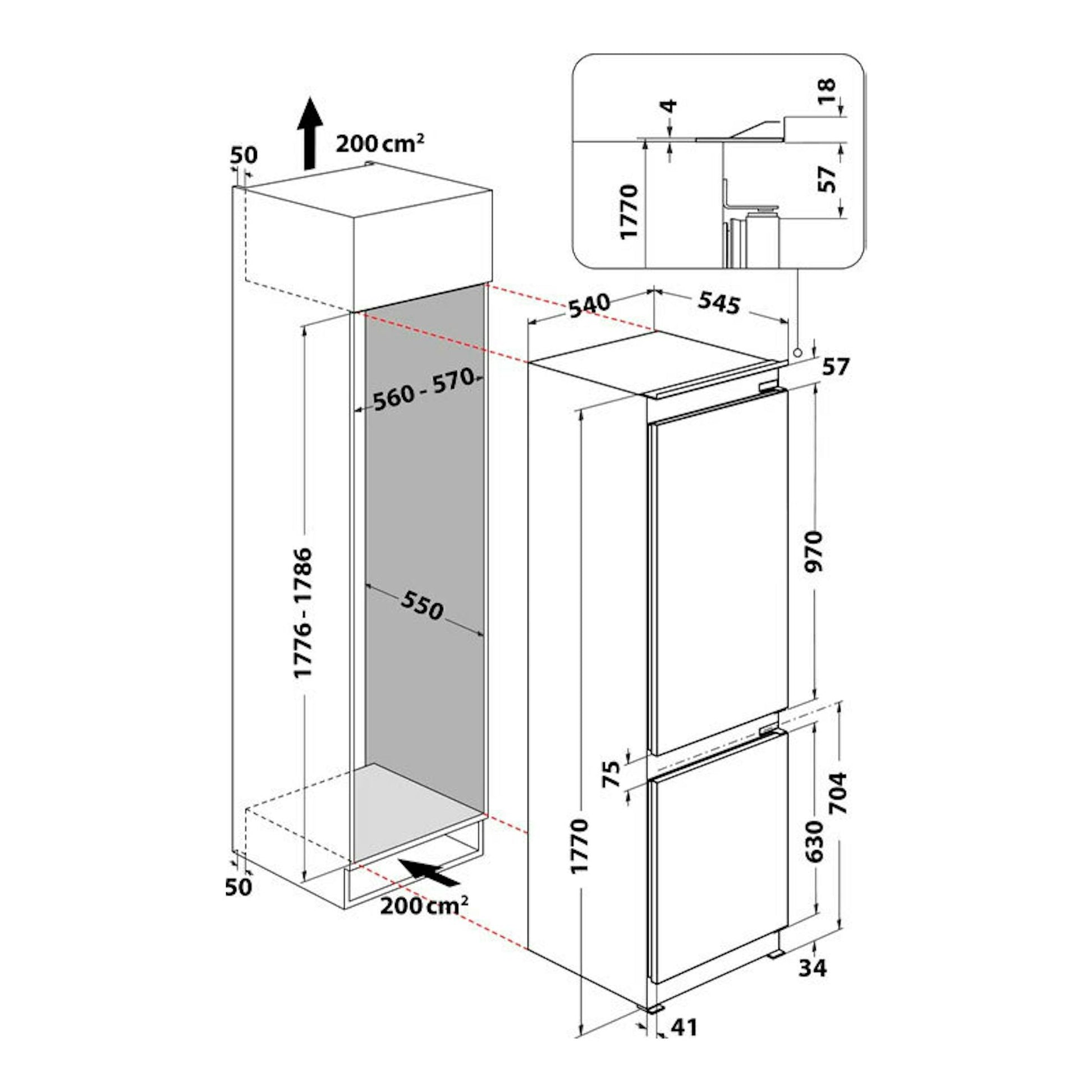 Diagrama de instalación del frigorífico combi integrable Whirlpool WHC18 T514, vista frontal y lateral con medidas.
