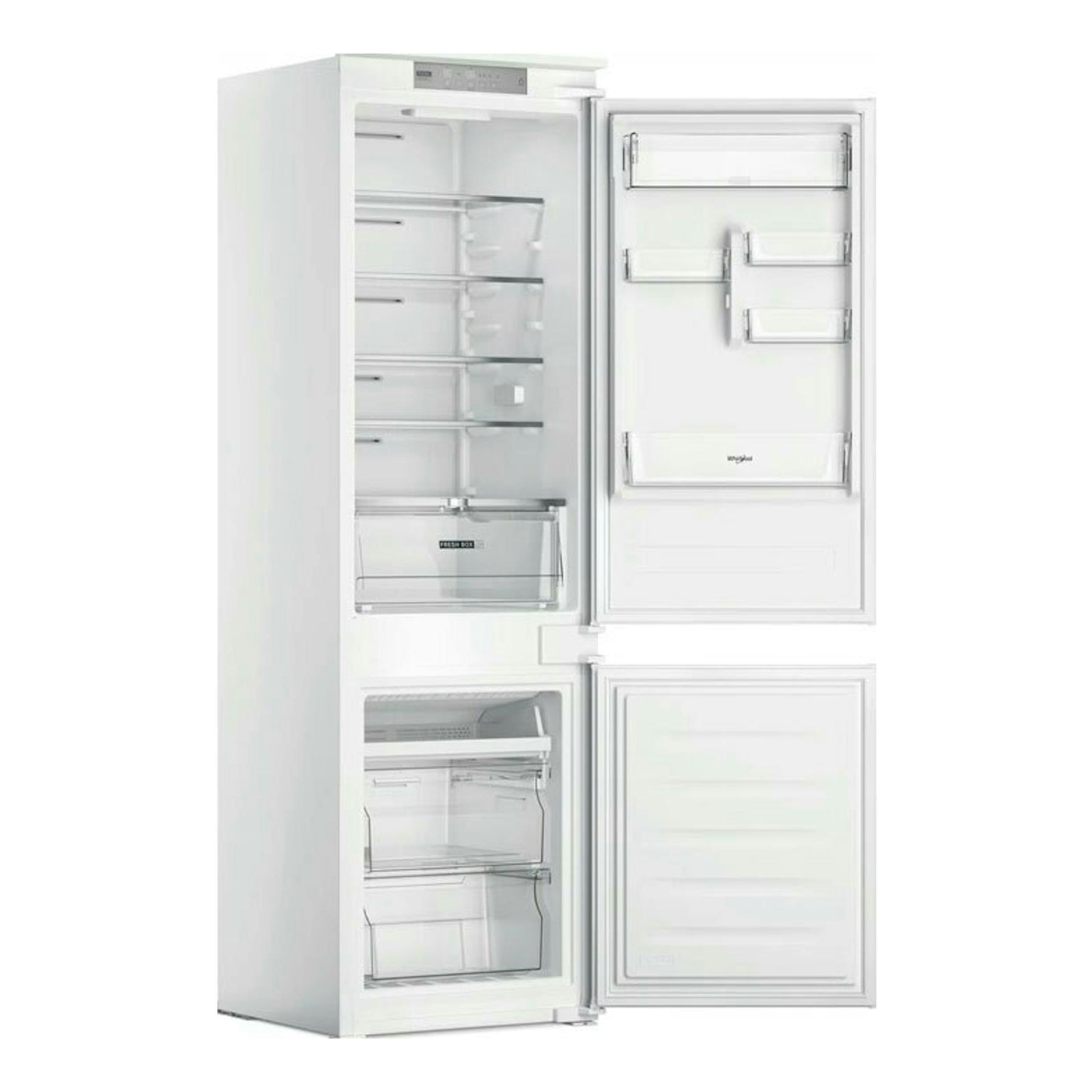 Frigorífico combi integrable Whirlpool WHC18 T514 blanco, vista frontal con puertas abiertas